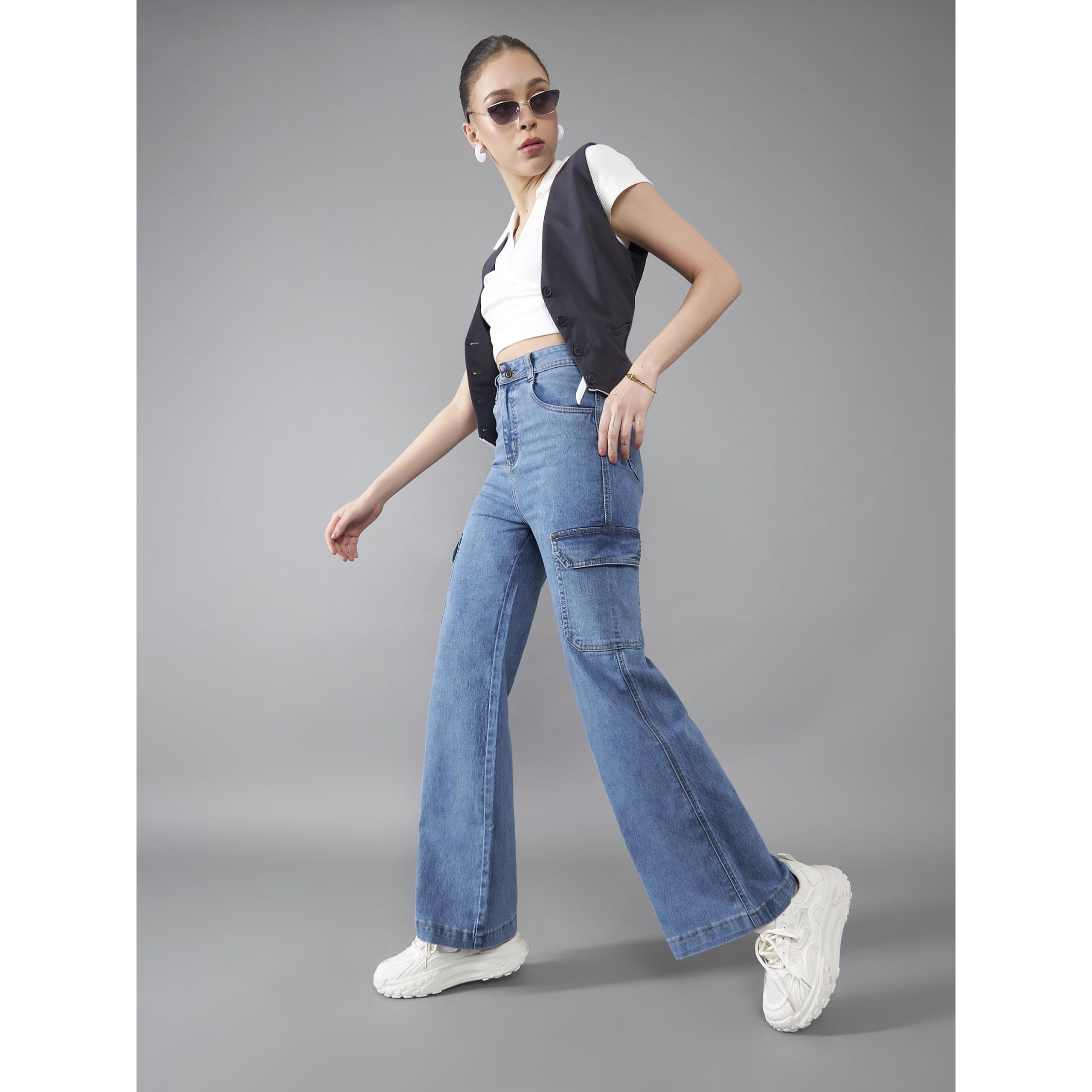 Dolce Crudo Women's Wide Leg High Rise Regular Length Stretchable Cargo Denim Jeans (Doss24Den12-89-115-34, Blue, 34)