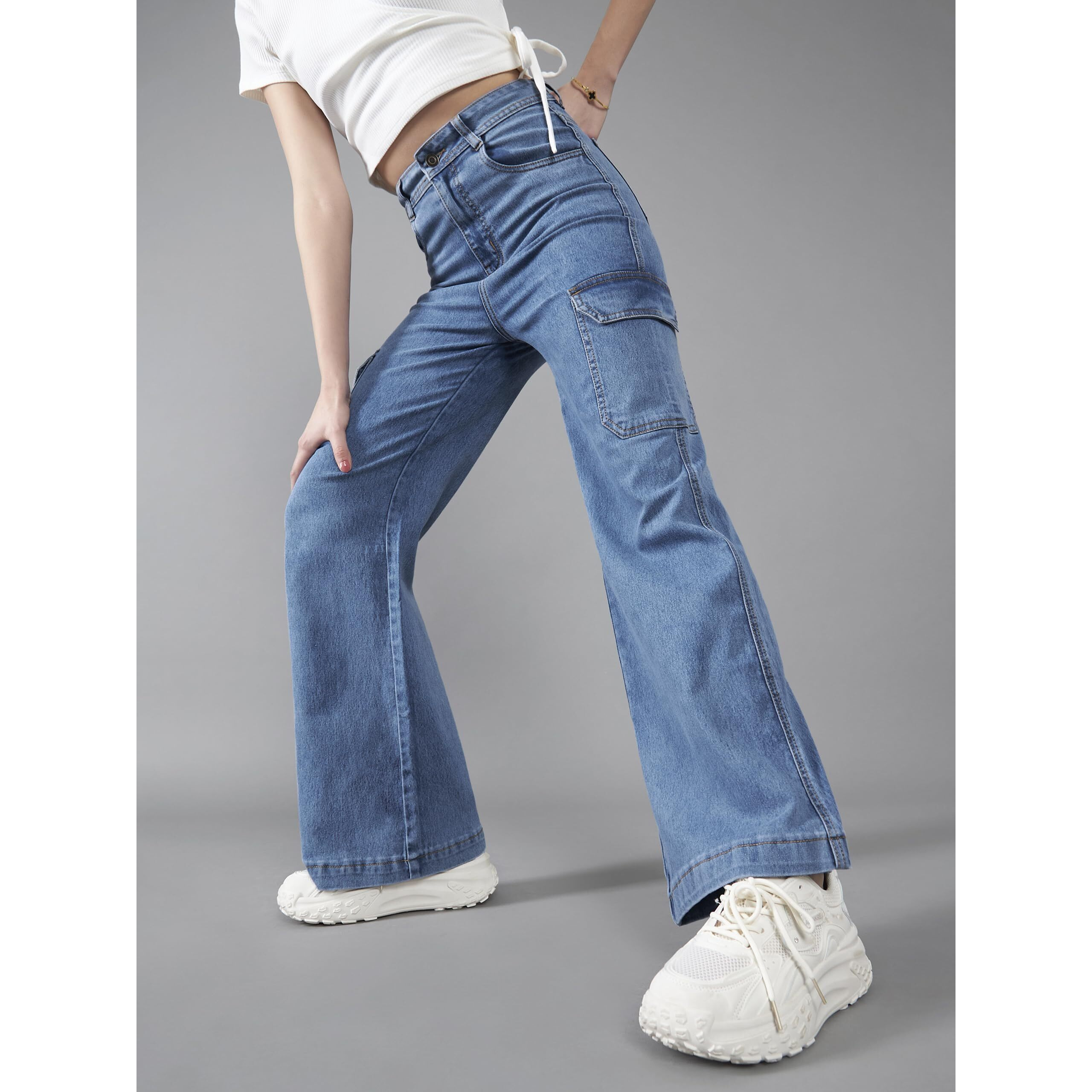 Dolce Crudo Women's Wide Leg High Rise Regular Length Stretchable Cargo Denim Jeans (Doss24Den12-89-115-34, Blue, 34)