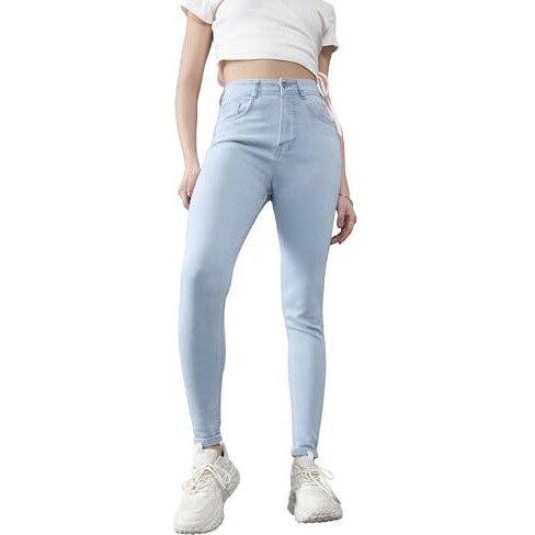 Dolce Crudo Women's Skinny High Rise Distressed Regular Length Ice Wash Denim Jeans (Doss24Den69-71-158-26, Light Blue, 26)
