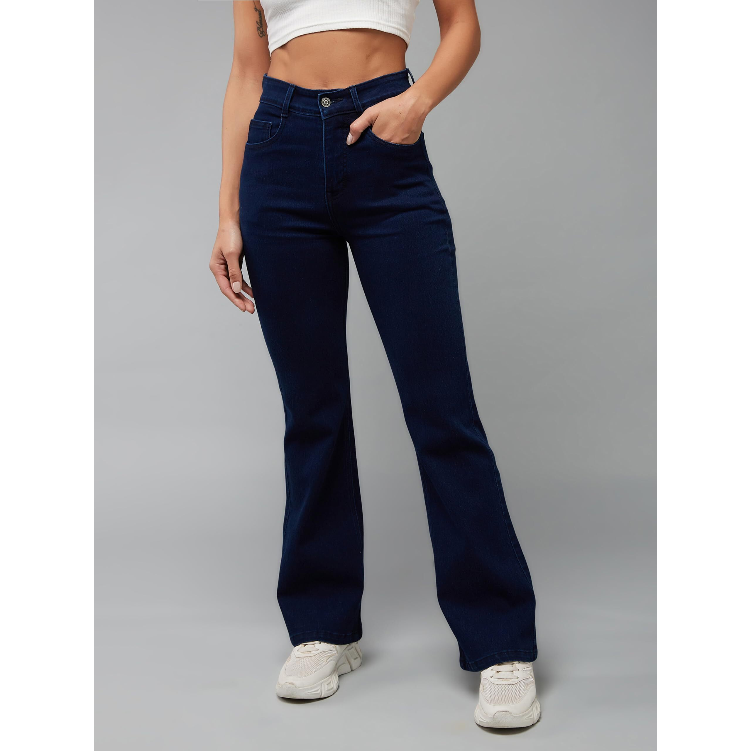 Dolce Crudo Women's Bootcut High Rise Regular Stretchable Denim Jeans (Doss23Den12-53-360-26, Stormy Blue, 26)