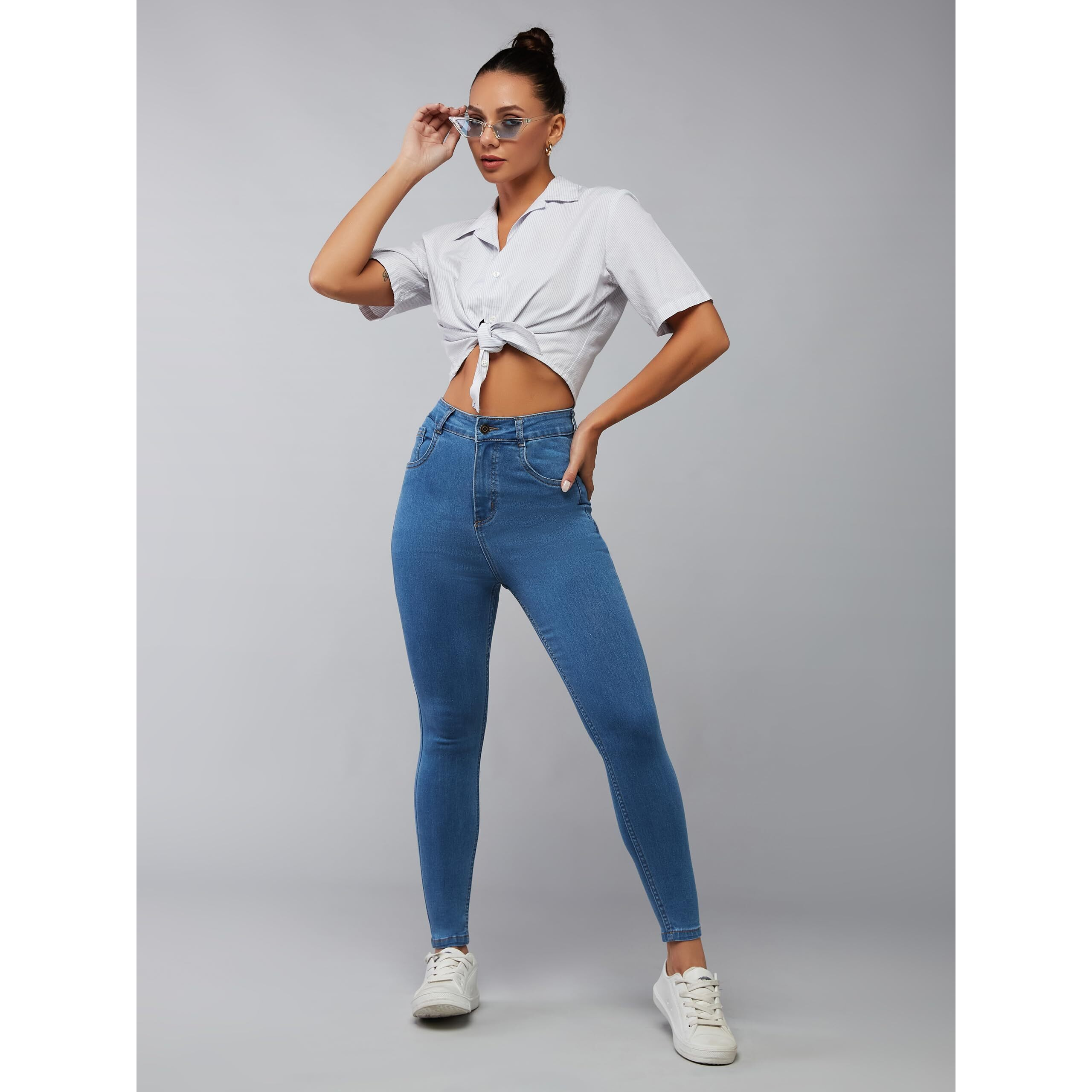 Dolce Crudo Women's Skinny High Rise Cropped Stretchable Denim Jeans (Doaw18Den02-76-337-26, Pacific Blue, 26)