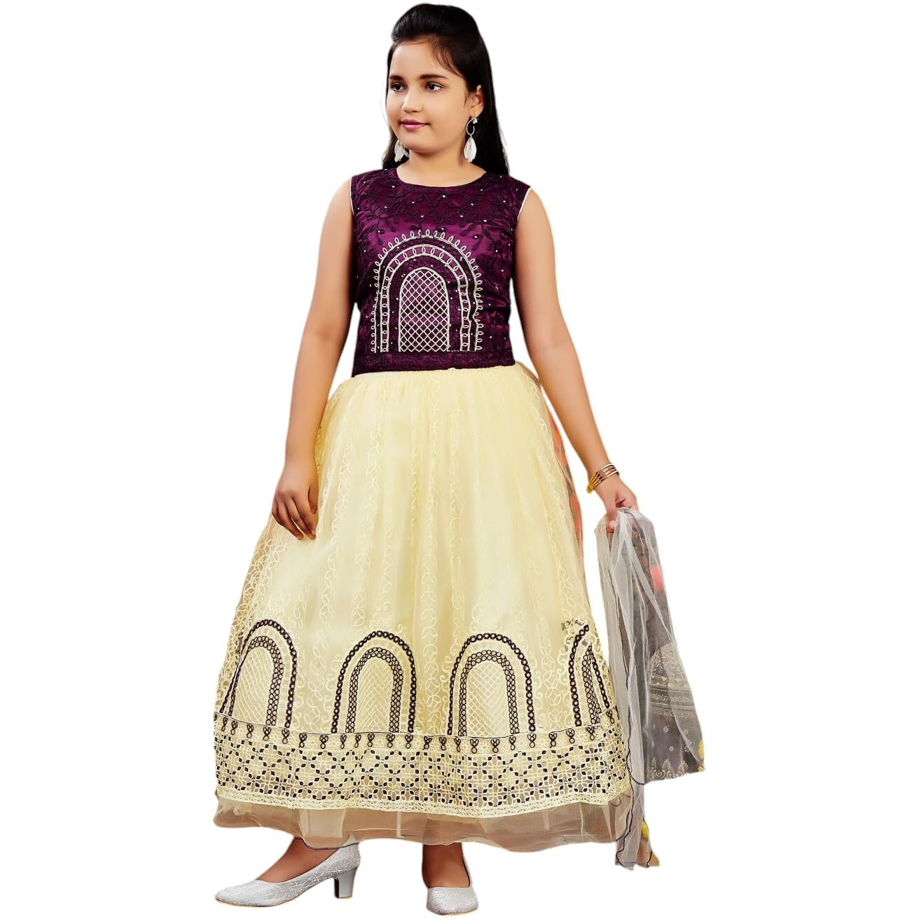 Aarika Girls Ethnic Wear Purple-Beige Colour Thread Embroidery Net Lehenga Choli Set (4-10 Years)