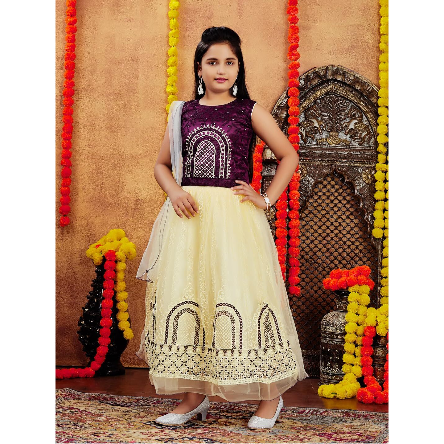 Aarika Girls Ethnic Wear Purple-Beige Colour Thread Embroidery Net Lehenga Choli Set (4-10 Years)