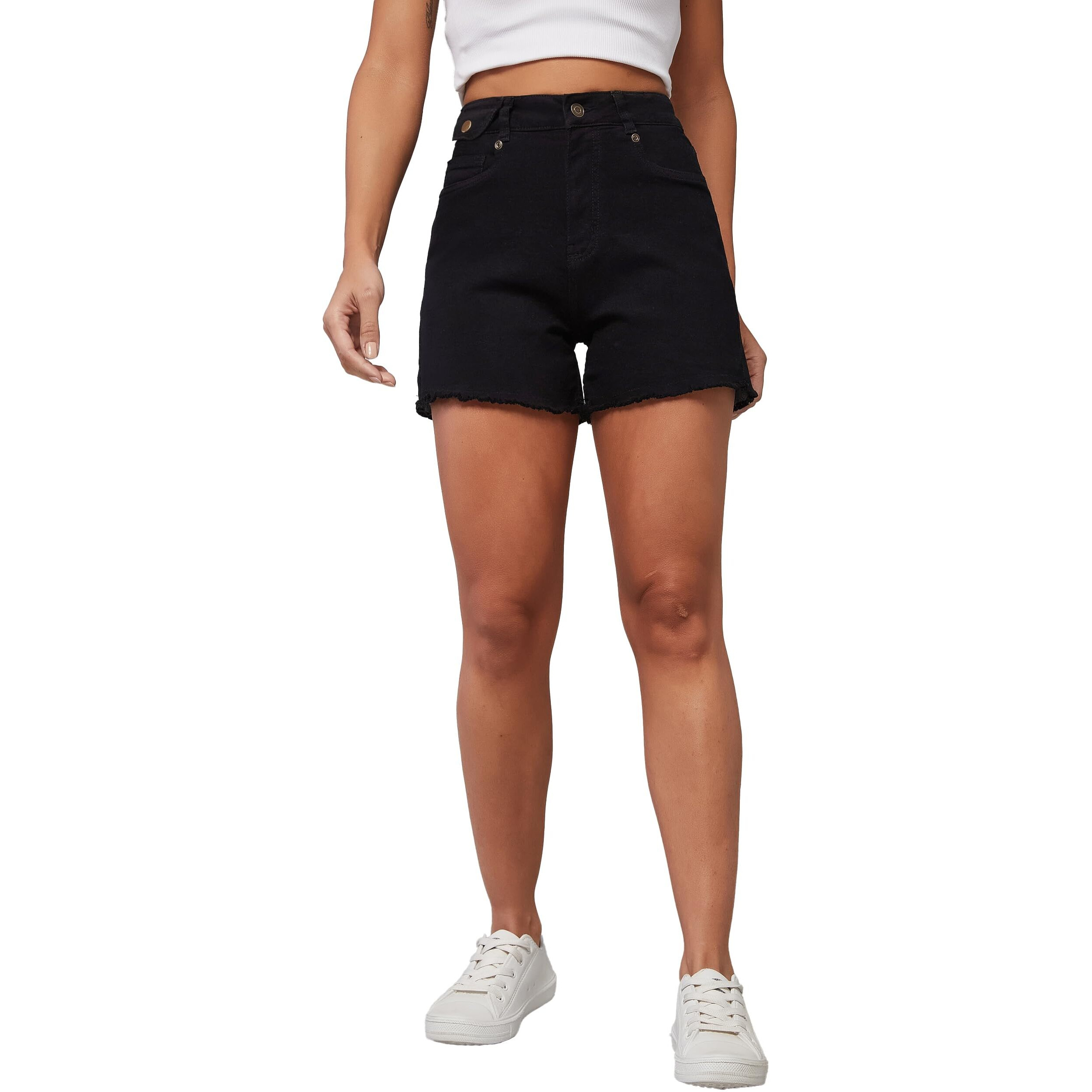 Dolce Crudo Women's Relaxed Fit High Rise Clean Look Regular Length Stretchable Denim Shorts (Doss24Den69-36-62-32, Black, 32)