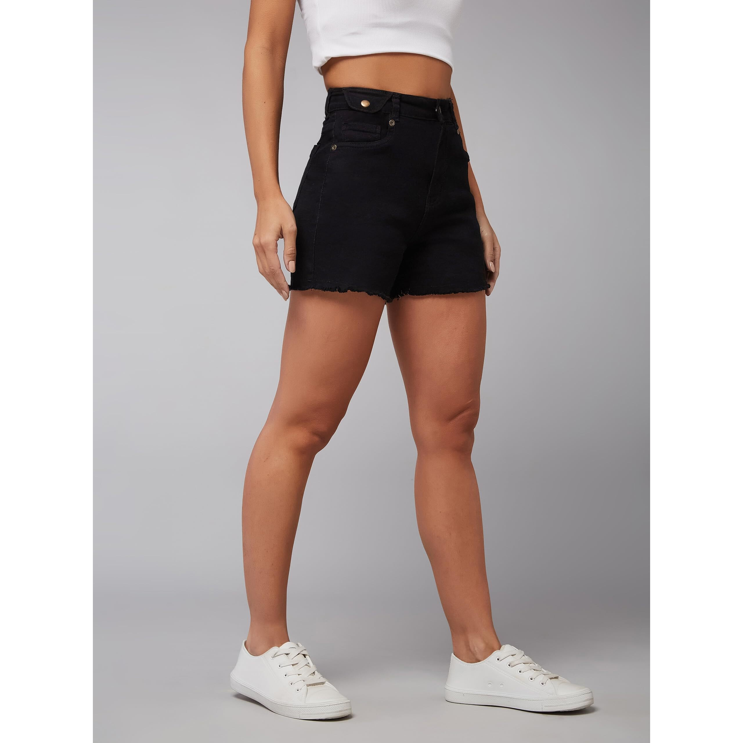 Dolce Crudo Women's Relaxed Fit High Rise Clean Look Regular Length Stretchable Denim Shorts (Doss24Den69-36-62-32, Black, 32)