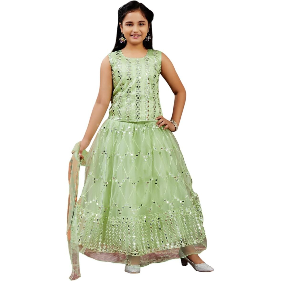 Aarika Girls Ethnic Wear Sea Green Colour Sequin Embroidery Net Lehenga Choli Set (4-10 Years)