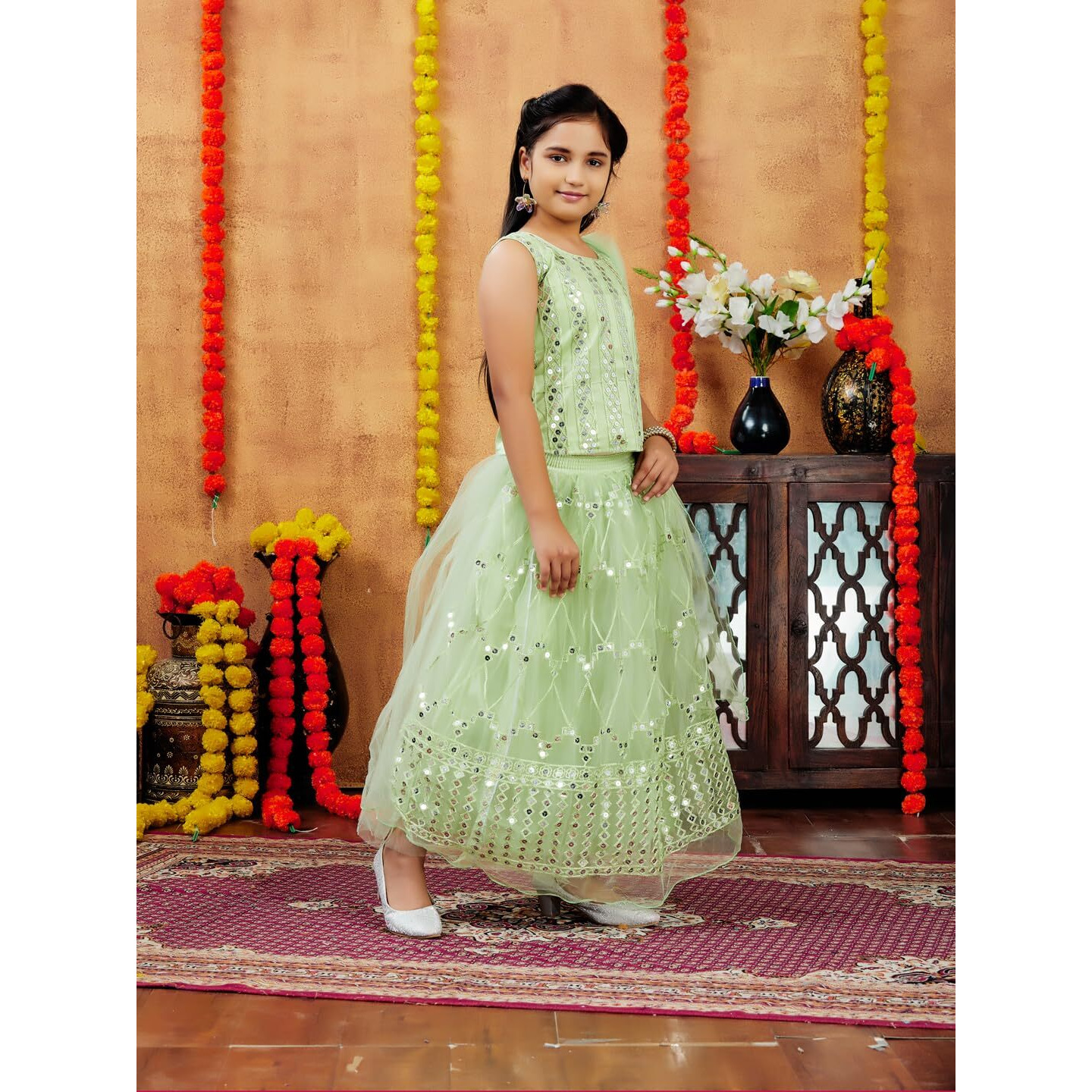 Aarika Girls Ethnic Wear Sea Green Colour Sequin Embroidery Net Lehenga Choli Set (4-10 Years)