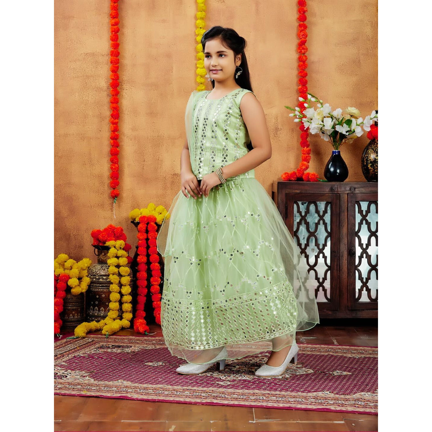 Aarika Girls Ethnic Wear Sea Green Colour Sequin Embroidery Net Lehenga Choli Set (4-10 Years)
