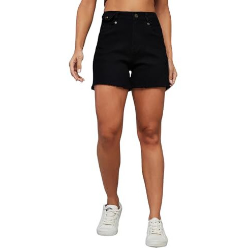 Dolce Crudo Women's Relaxed Fit High Rise Regular Length Stretchable Denim Shorts (Doss24Den95-35-62-36, Black, 36)