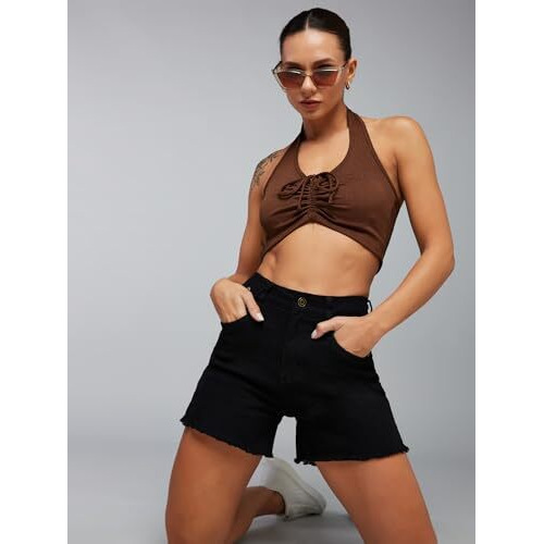 Dolce Crudo Women's Relaxed Fit High Rise Regular Length Stretchable Denim Shorts (Doss24Den95-35-62-36, Black, 36)