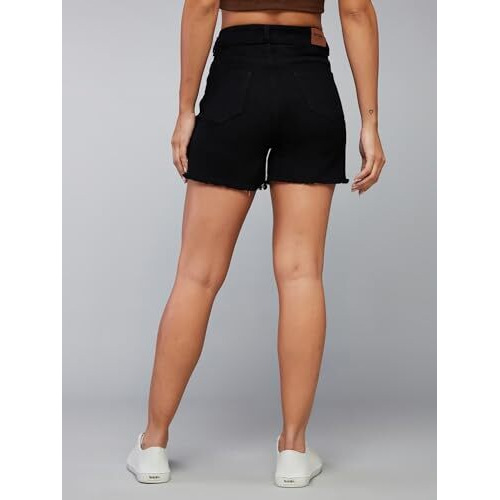 Dolce Crudo Women's Relaxed Fit High Rise Regular Length Stretchable Denim Shorts (Doss24Den95-35-62-36, Black, 36)
