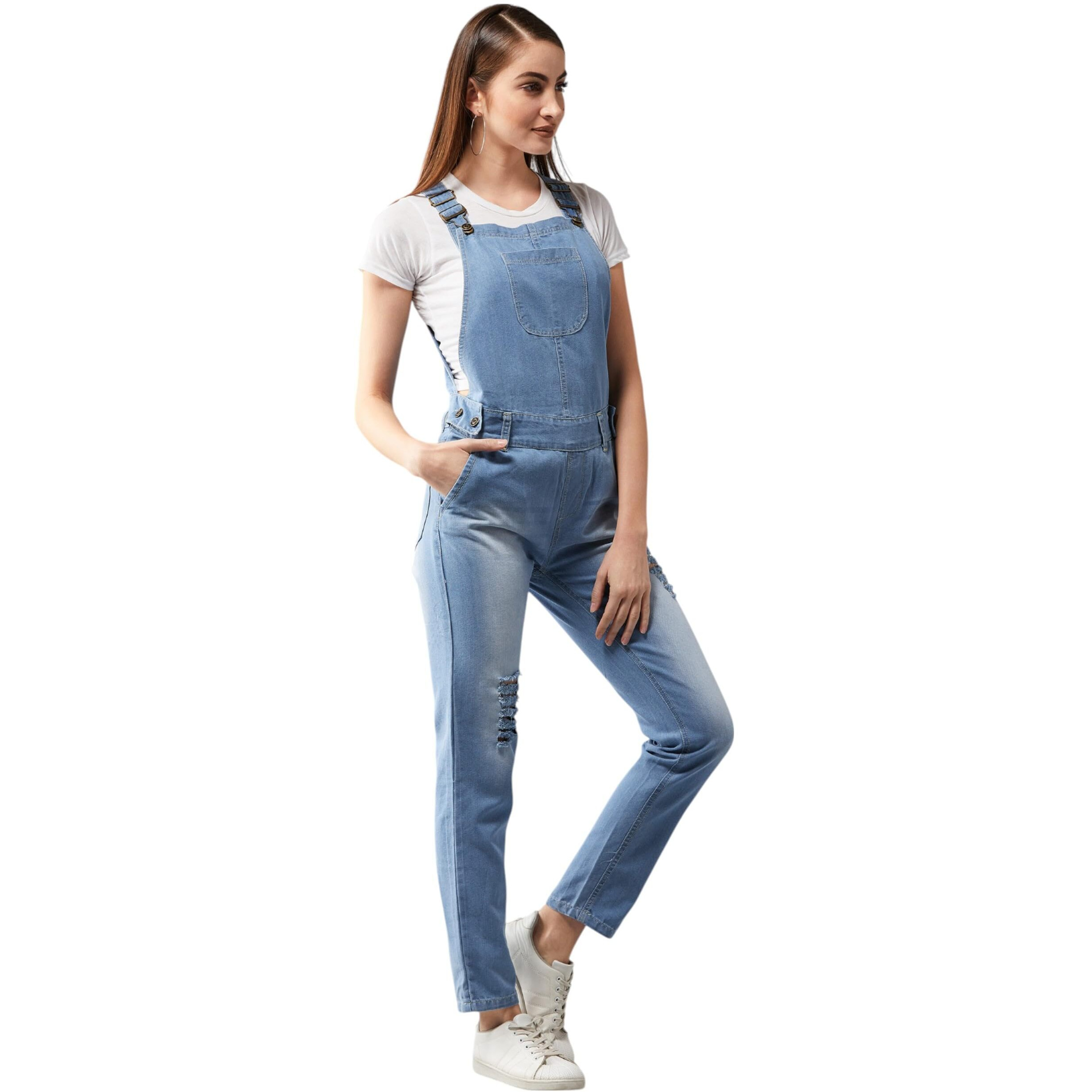 Dolce Crudo Women's Mid Rise Regular Length Ripped Denim Dungaree (Doss24Den95-82-158-32, Light Blue, 32)