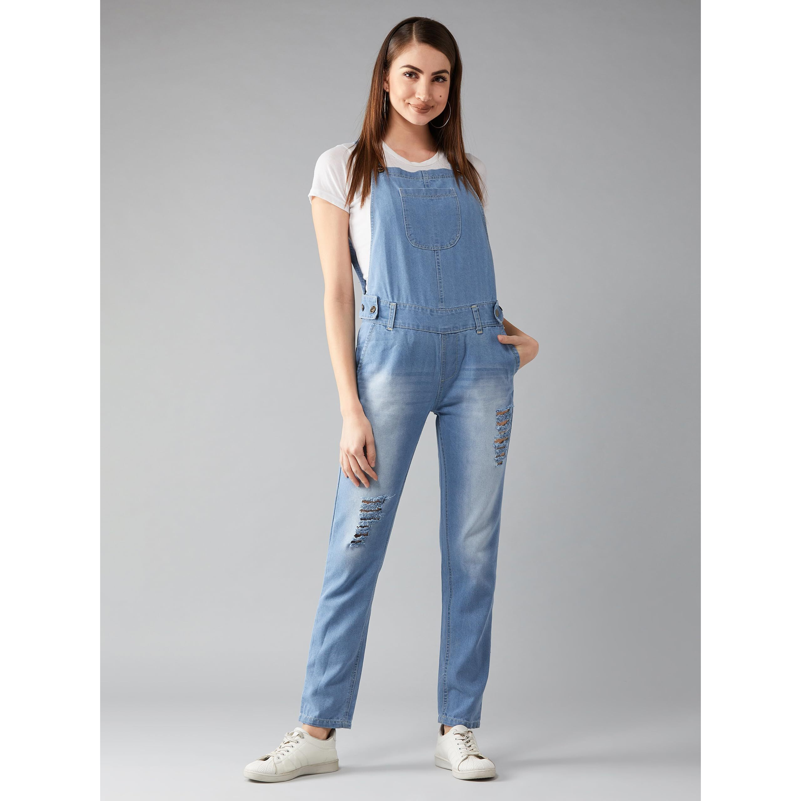 Dolce Crudo Women's Mid Rise Regular Length Ripped Denim Dungaree (Doss24Den95-82-158-32, Light Blue, 32)