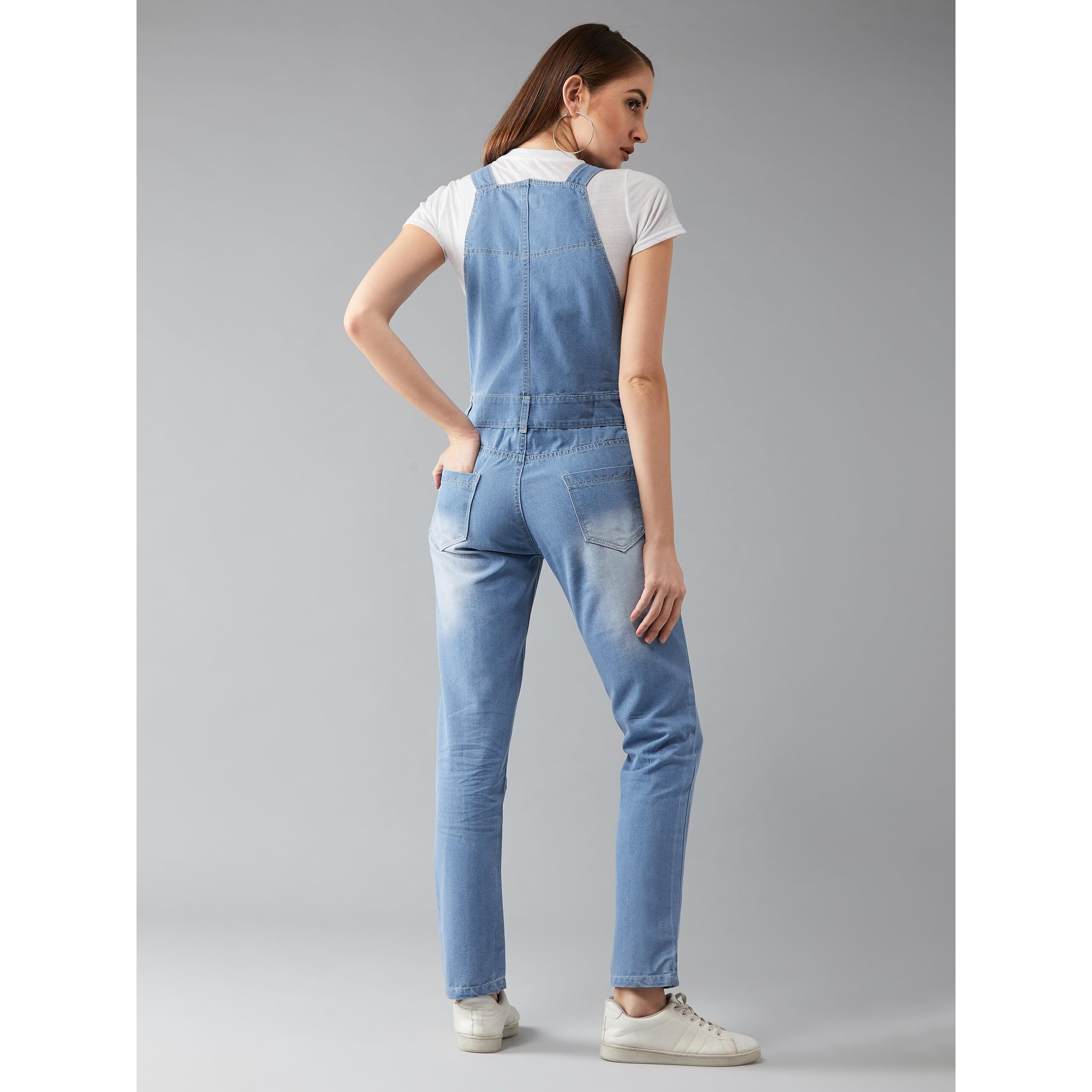 Dolce Crudo Women's Mid Rise Regular Length Ripped Denim Dungaree (Doss24Den95-82-158-32, Light Blue, 32)