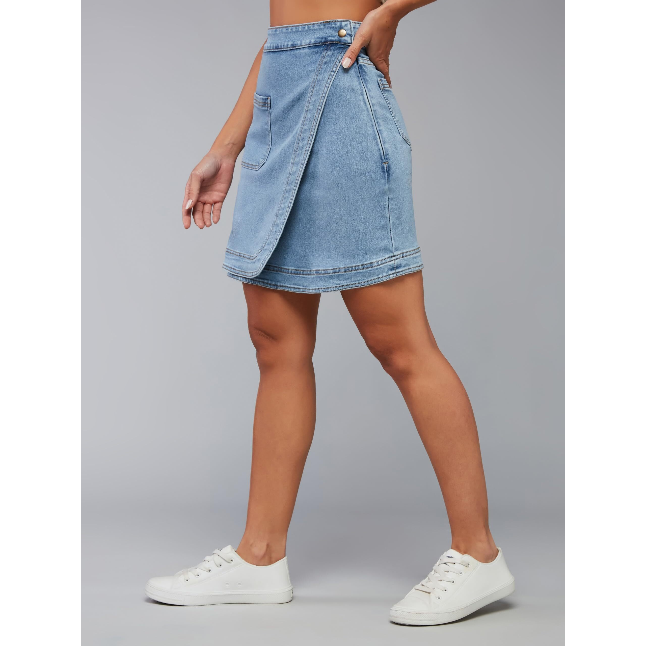 Dolce Crudo Women's Regular High Rise Clean Look Above Knee Stretchable Denim Skirt (Doss24Den69-75-158-32, Light Blue, 32)