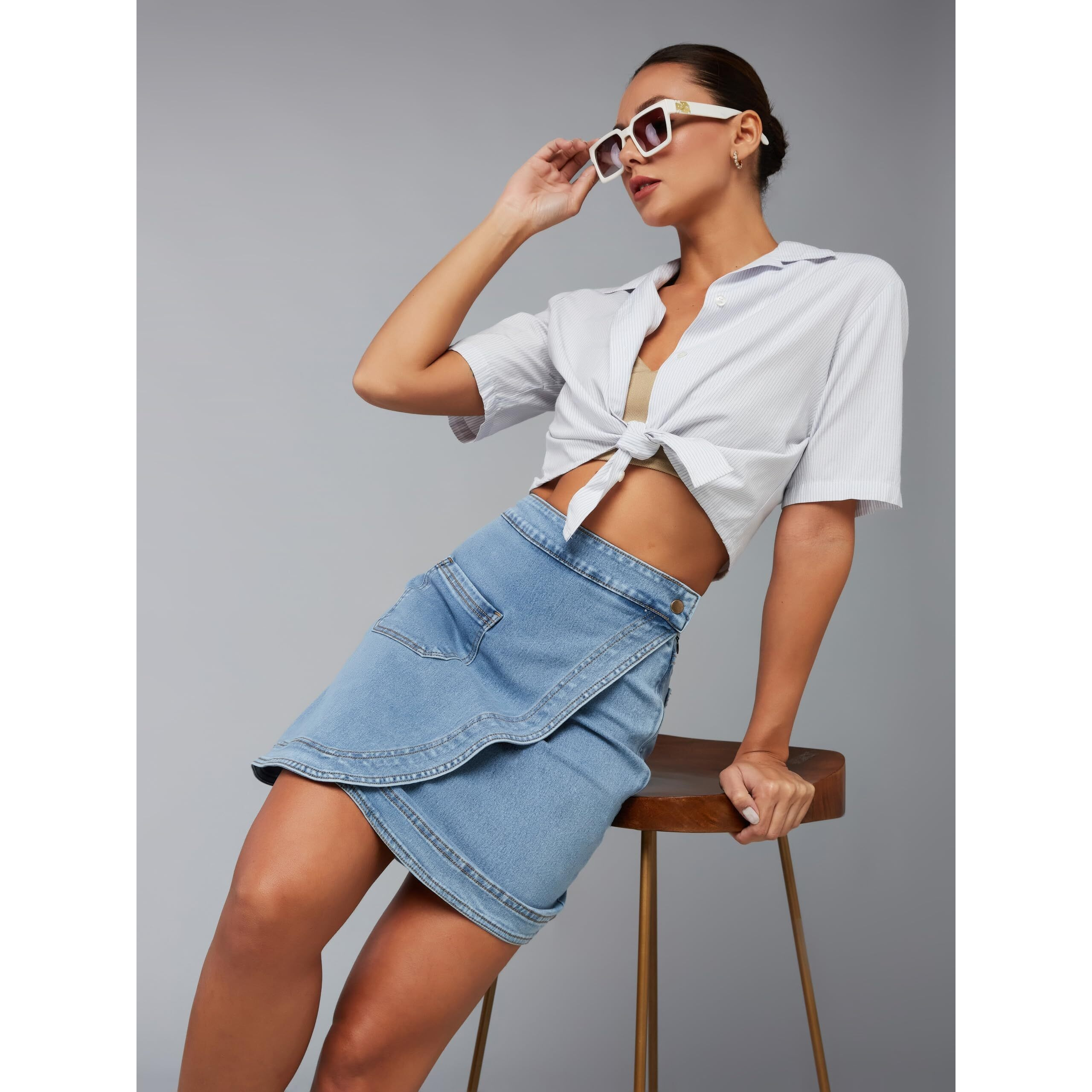 Dolce Crudo Women's Regular High Rise Above Knee Stretchable Denim Skirt (Doss22Den11-08-54-30, Sky Blue, 30)