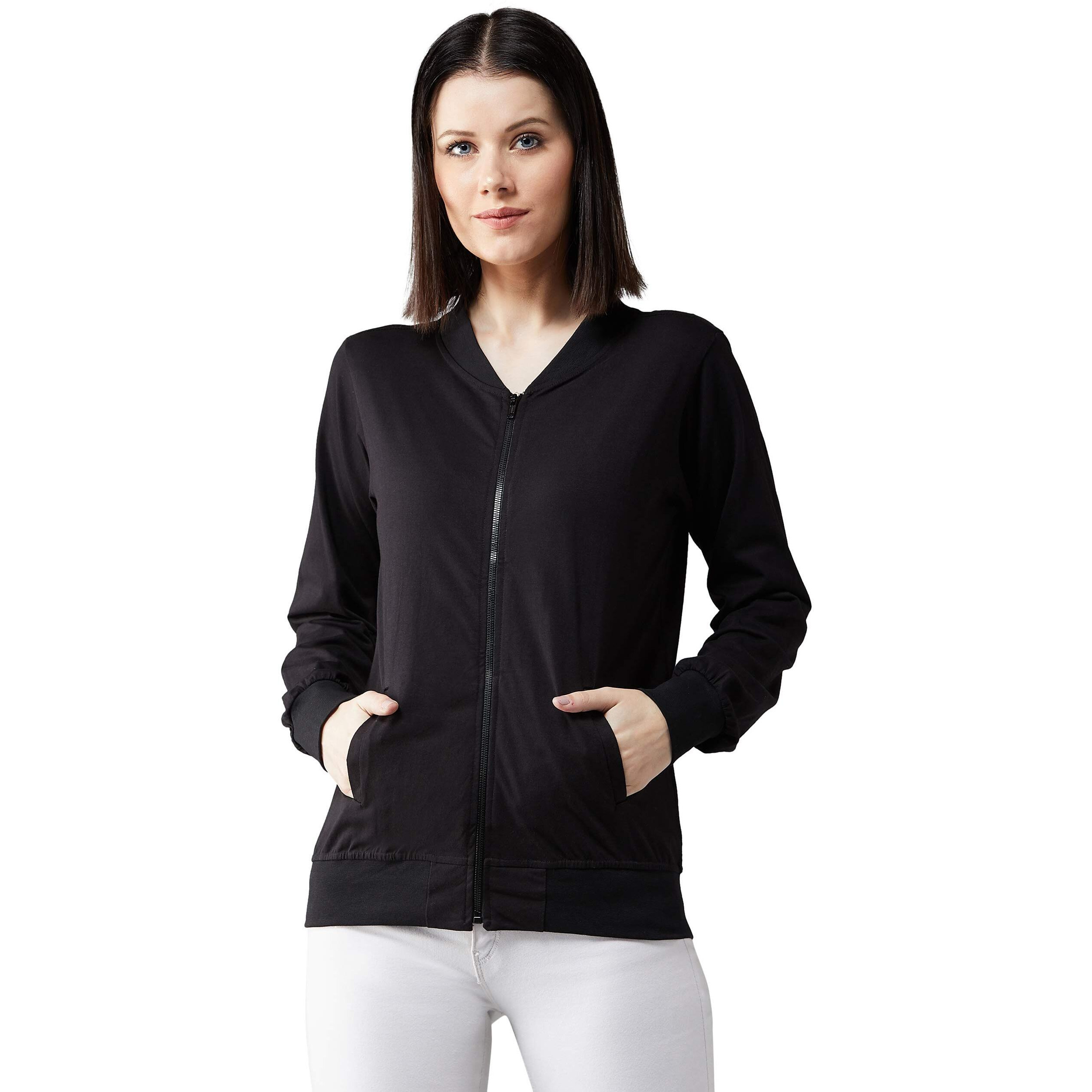 Dolce Crudo Women's Black 100% Cotton Solid Bomber Jacket(Doaw18Jkt02-22-62-02,Black,X-Small)