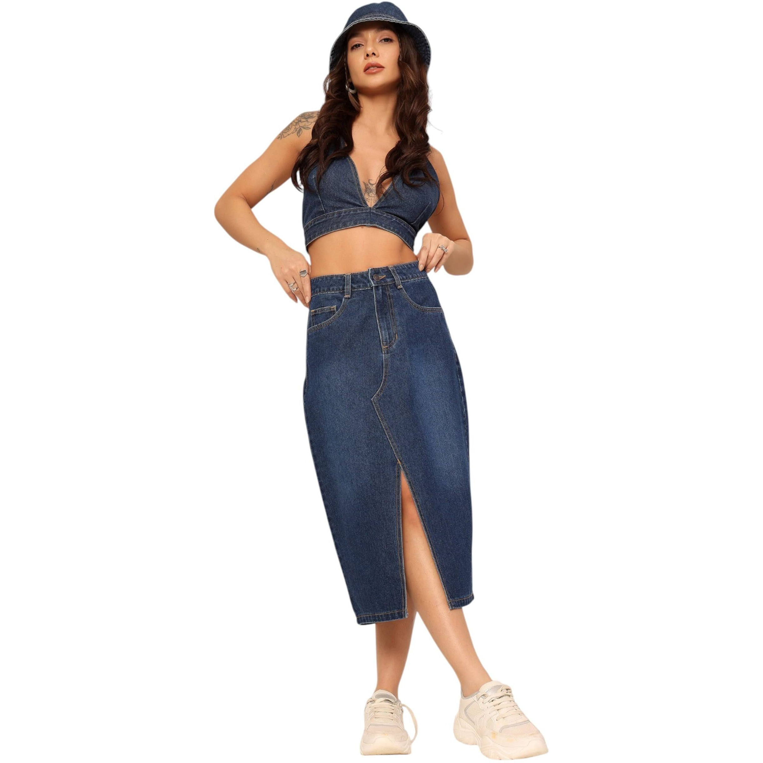 Dolce Crudo Women's A-Line High-Rise Non-Stretchable Denim Midi Skirt (Doss24Den79-05-319-38, Midnight Blue, 38)