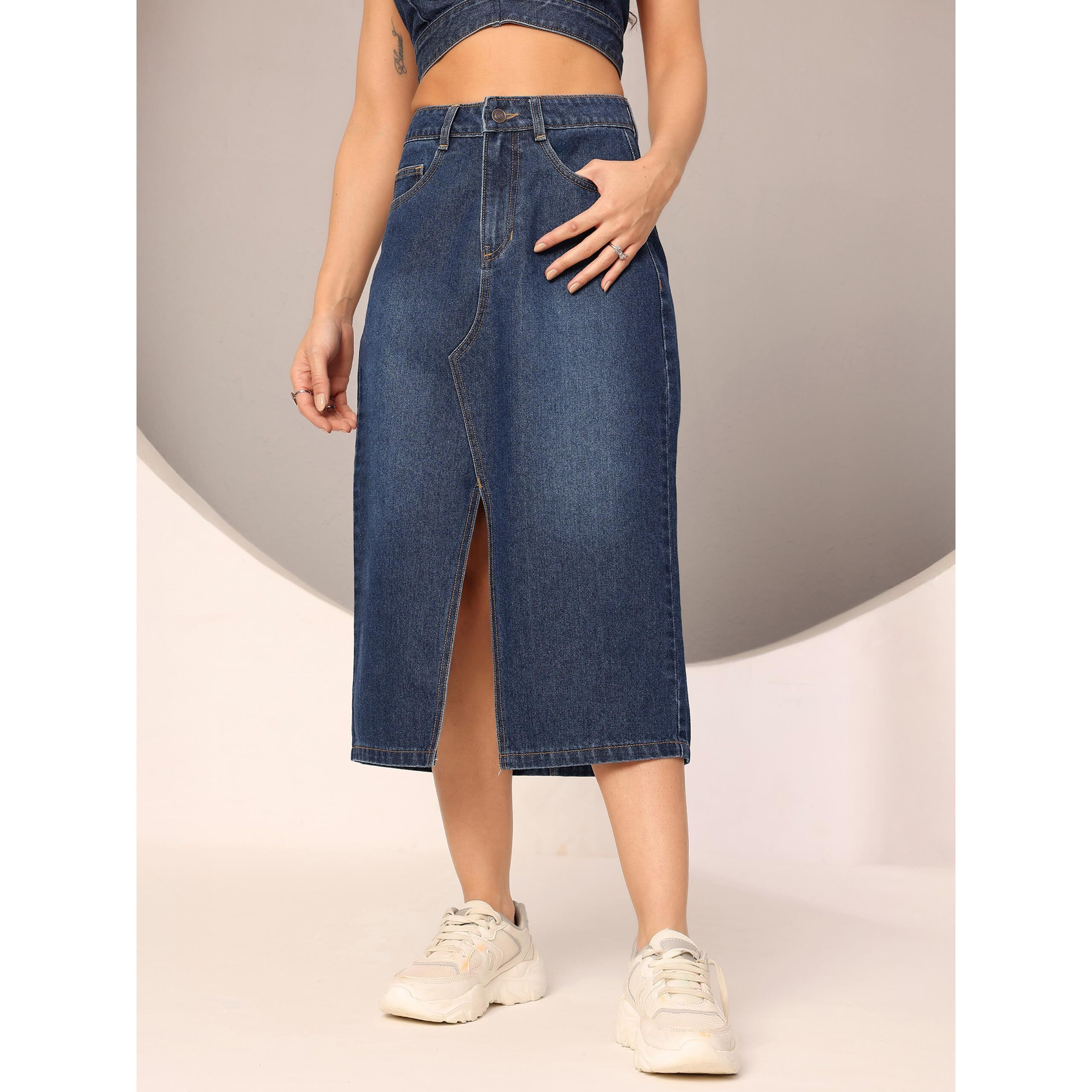 Dolce Crudo Women's A-Line High-Rise Non-Stretchable Denim Midi Skirt (Doss24Den79-05-319-38, Midnight Blue, 38)