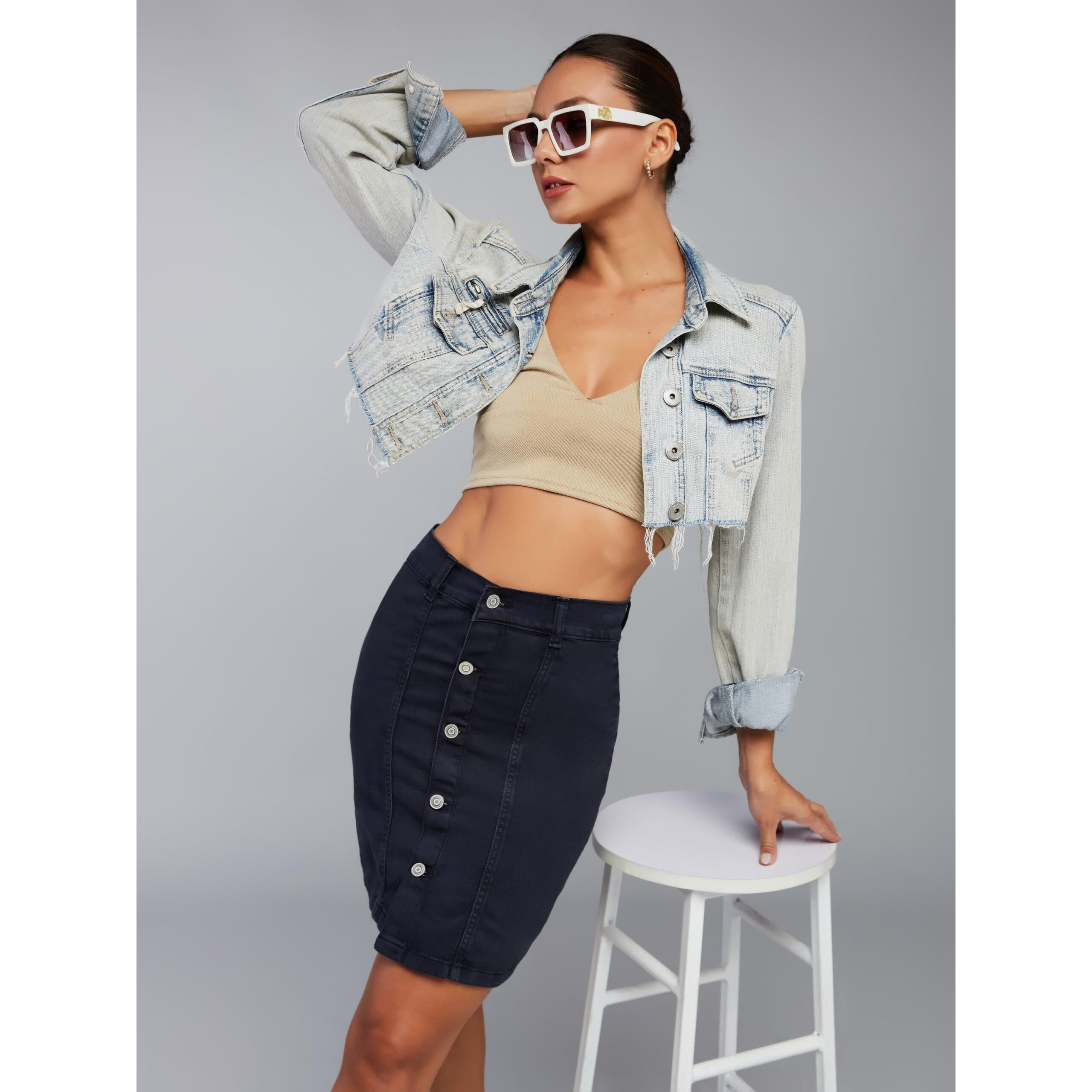 Dolce Crudo Women's Regular Fit Mid/High Rise Clean Look Denim Skirt (Doss24Den79-05-71-32, Navy Blue, 32)