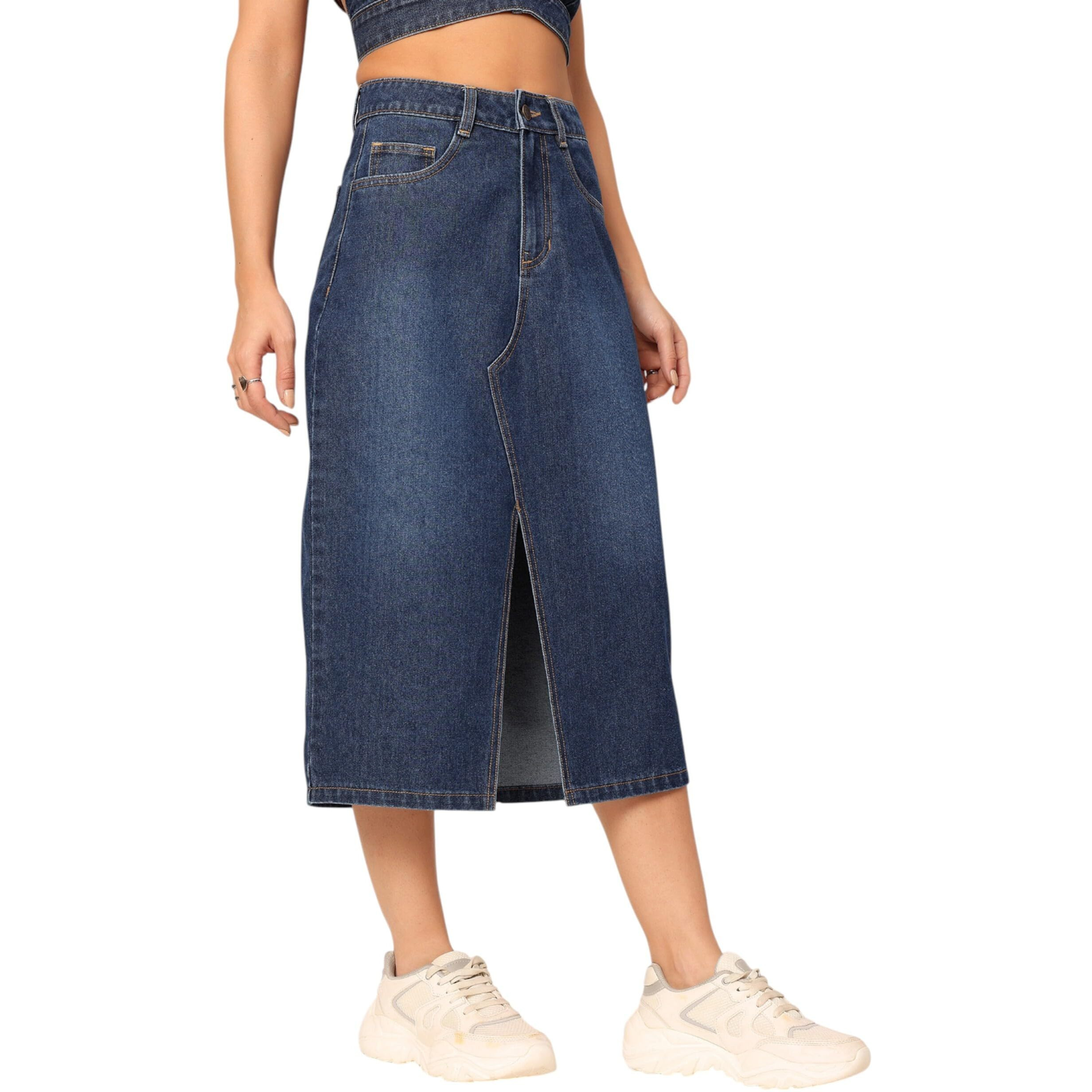 Dolce Crudo Women's A-Line High-Rise Non-Stretchable Denim Midi Skirt (Doss22Den11-08-319-28, Midnight Blue, 28)