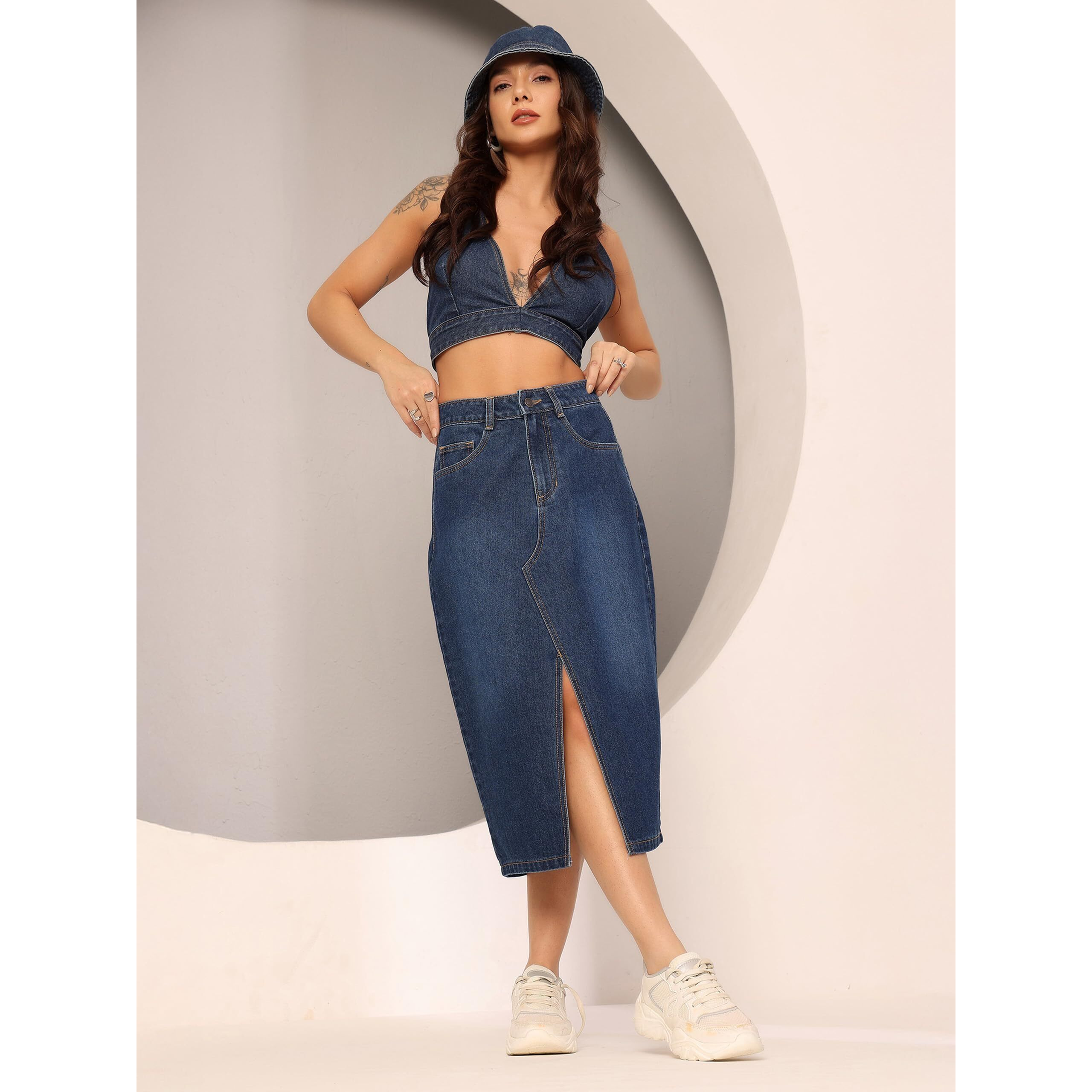 Dolce Crudo Women's A-Line High-Rise Non-Stretchable Denim Midi Skirt (Doss22Den11-08-319-28, Midnight Blue, 28)