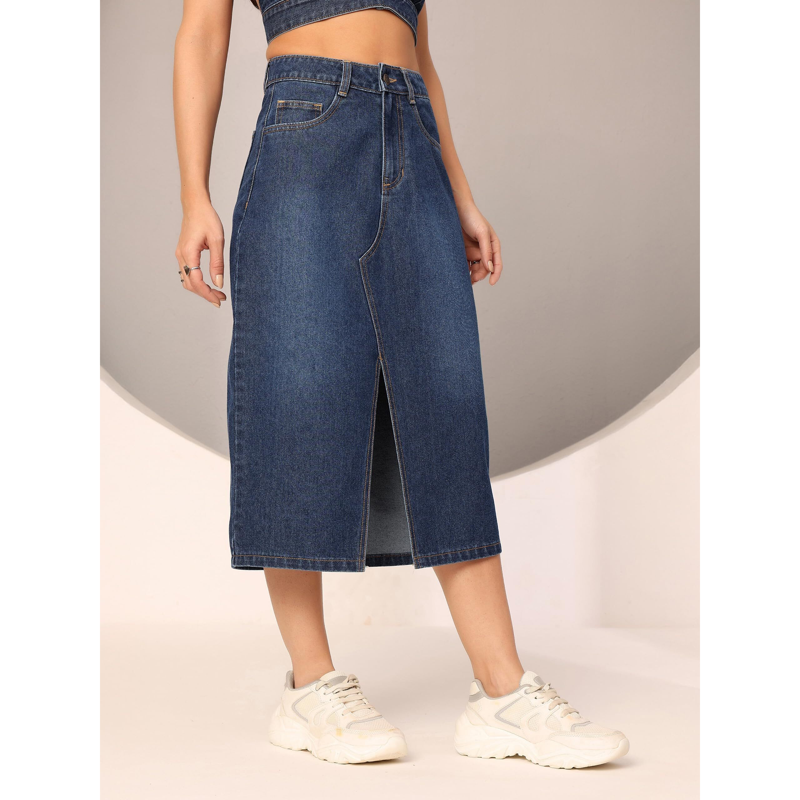 Dolce Crudo Women's A-Line High-Rise Non-Stretchable Denim Midi Skirt (Doss24Den79-05-319-34, Midnight Blue, 34)