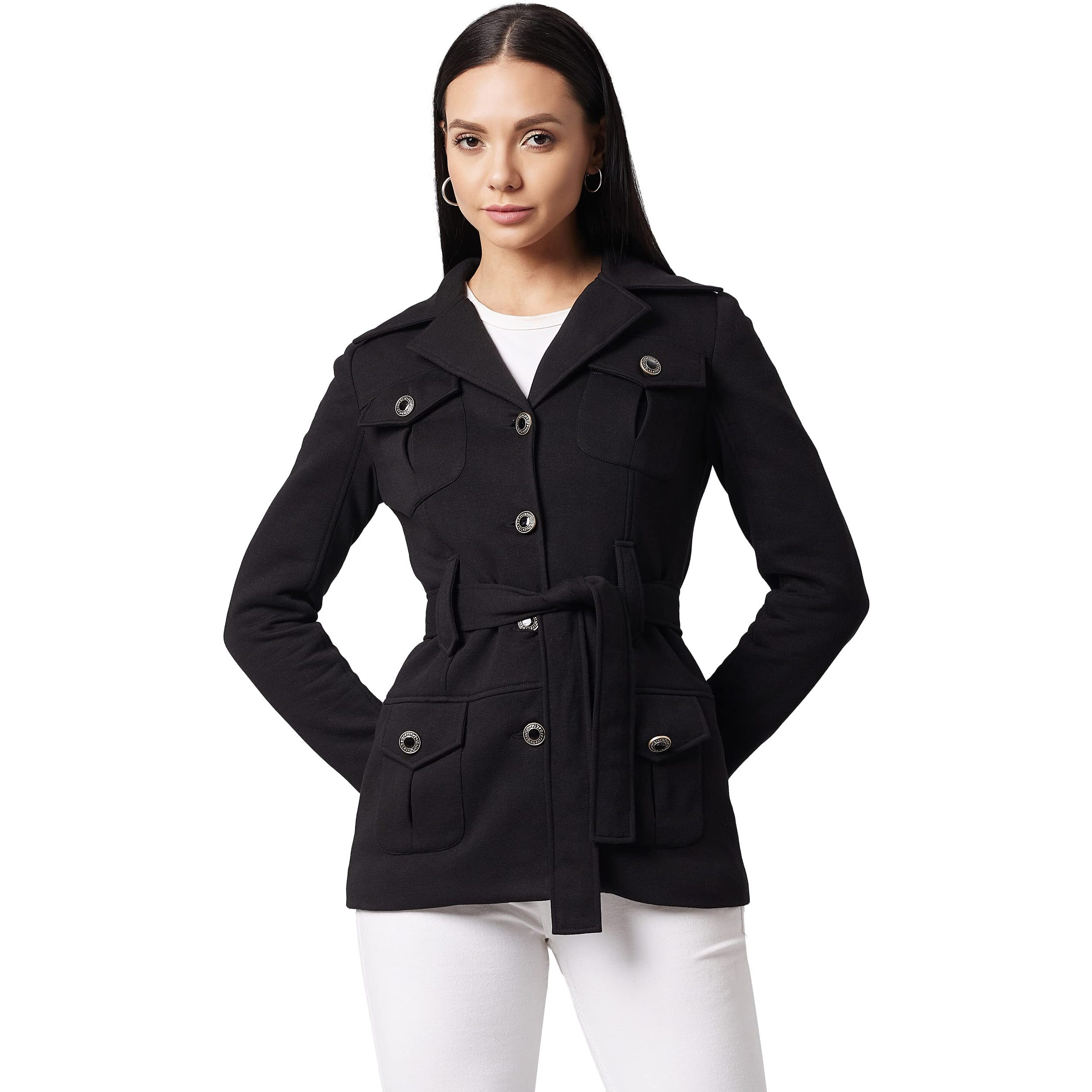 Dolce Crudo Women's Black V-Neck Full Sleeve Solid Longline Jacket (Doaw21Jkt03-44-62-04,Black,M)