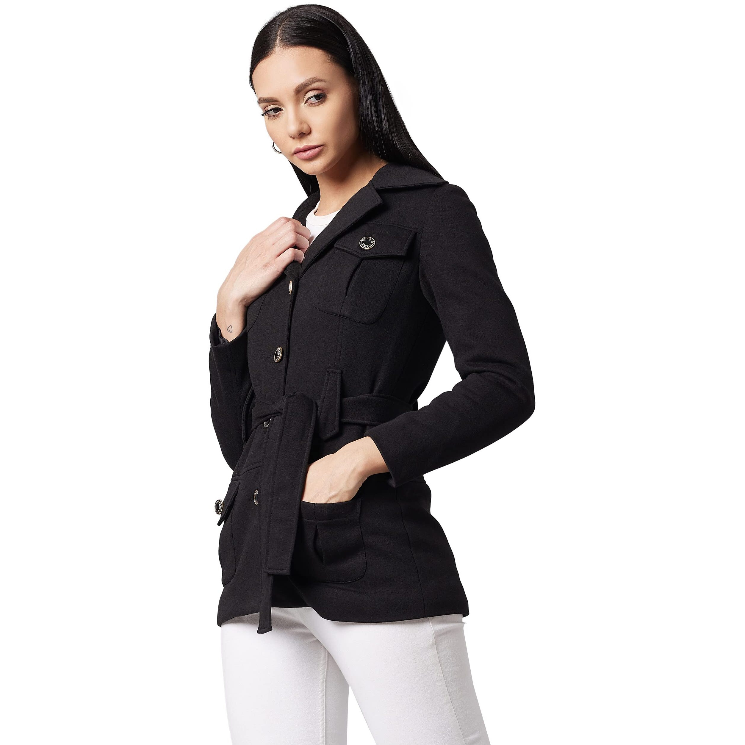 Dolce Crudo Women's Black V-Neck Full Sleeve Solid Longline Jacket (Doaw21Jkt03-44-62-04,Black,M)