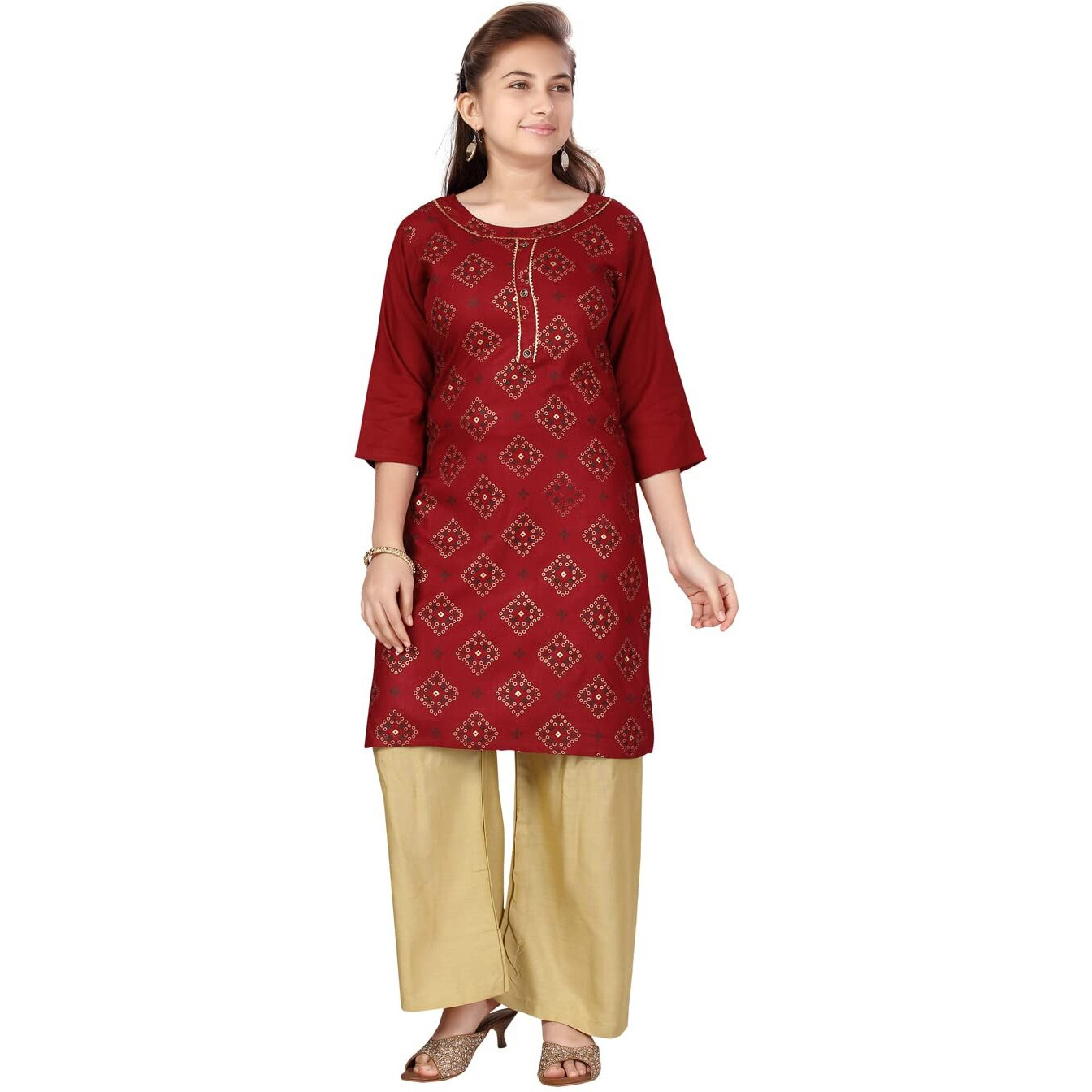 Aarika Girl's Cotton Kurti Palazzo Set (Pl-F-19_Maroon_36)