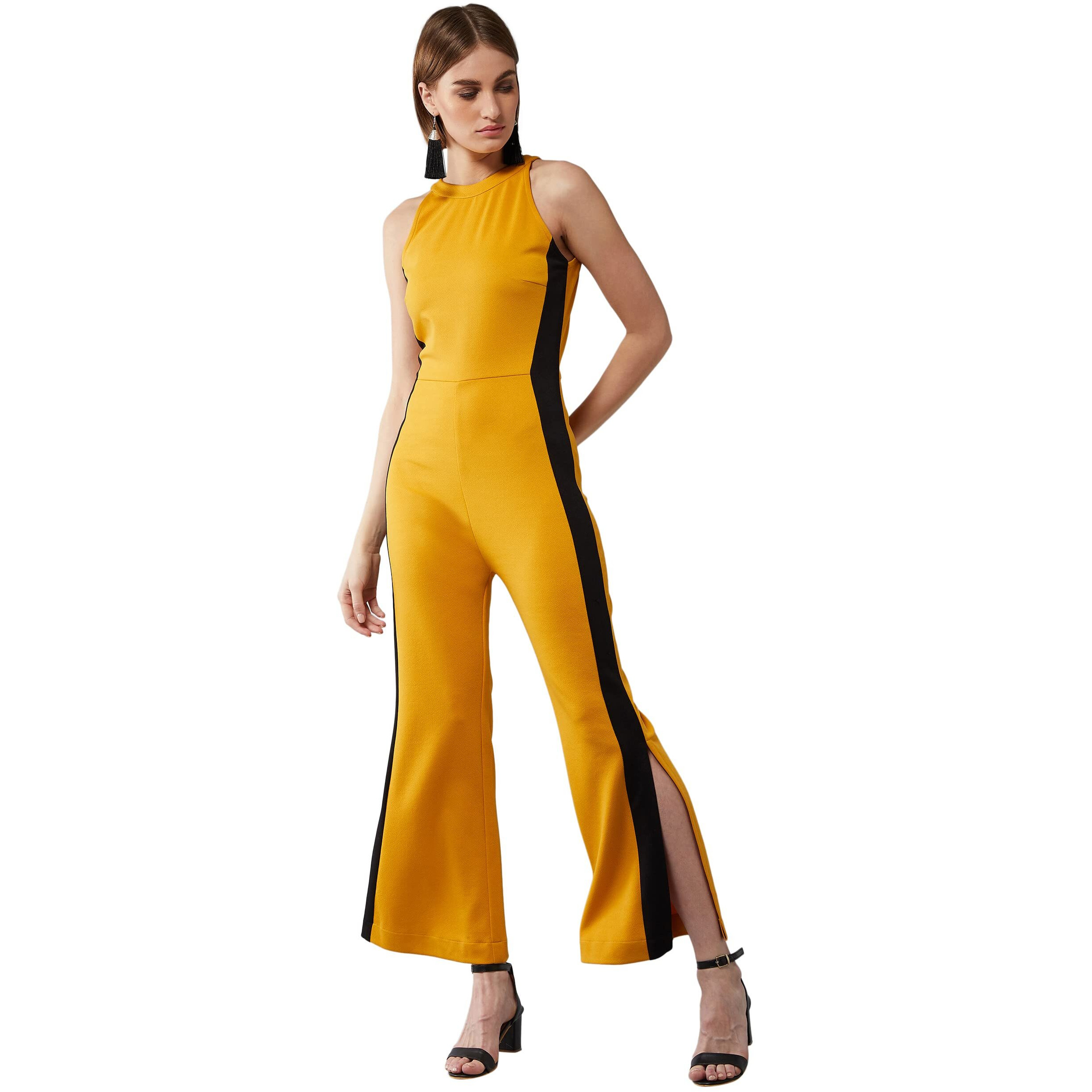 Dolce Crudo Women's Mustard Yellow & Black Halter Neck Sleeveless Solid Flared Jumpsuit(Doss20D04-54-209_Mustard & Black_L)