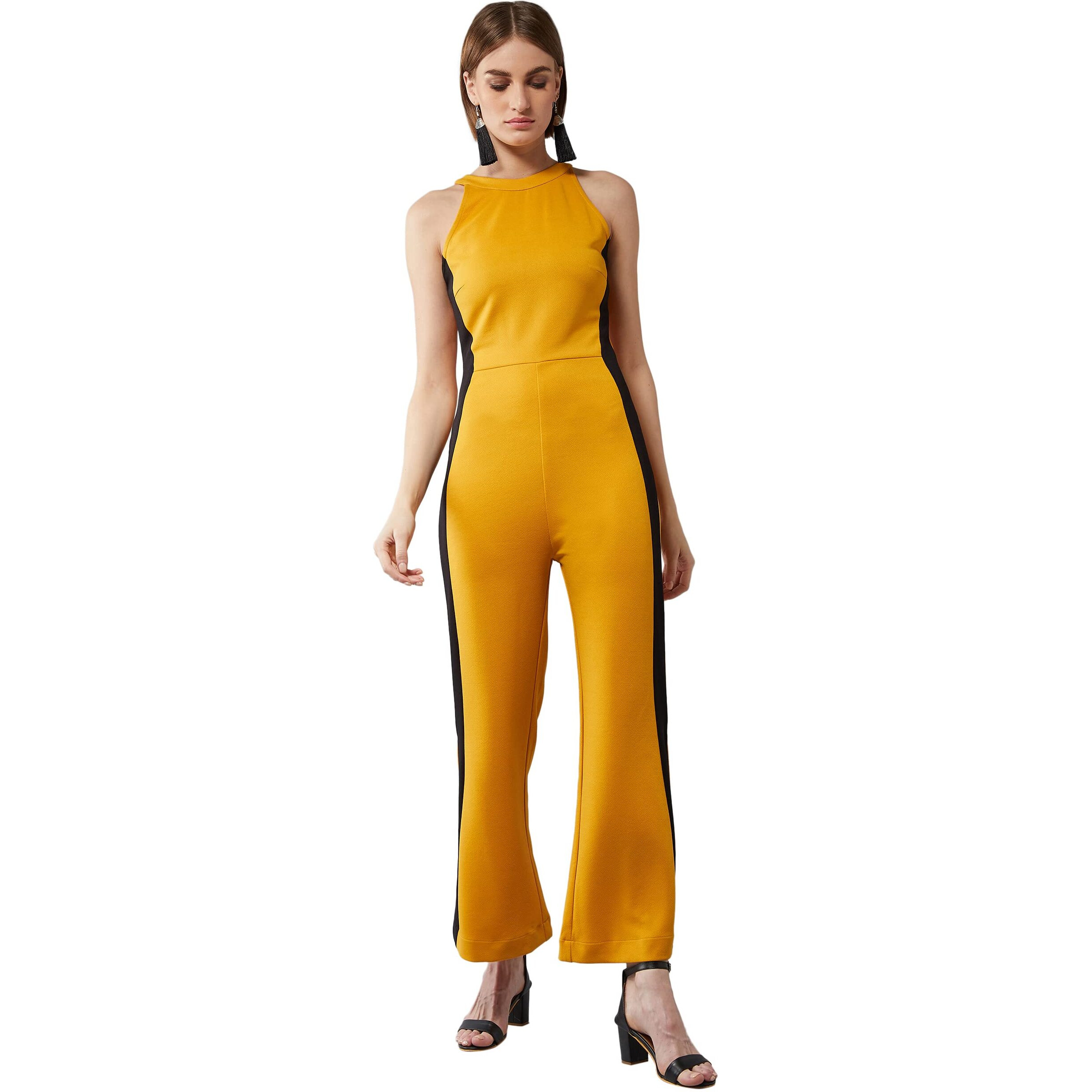 Dolce Crudo Women's Mustard Yellow & Black Halter Neck Sleeveless Solid Flared Jumpsuit(Doss20D04-54-209_Mustard & Black_L)