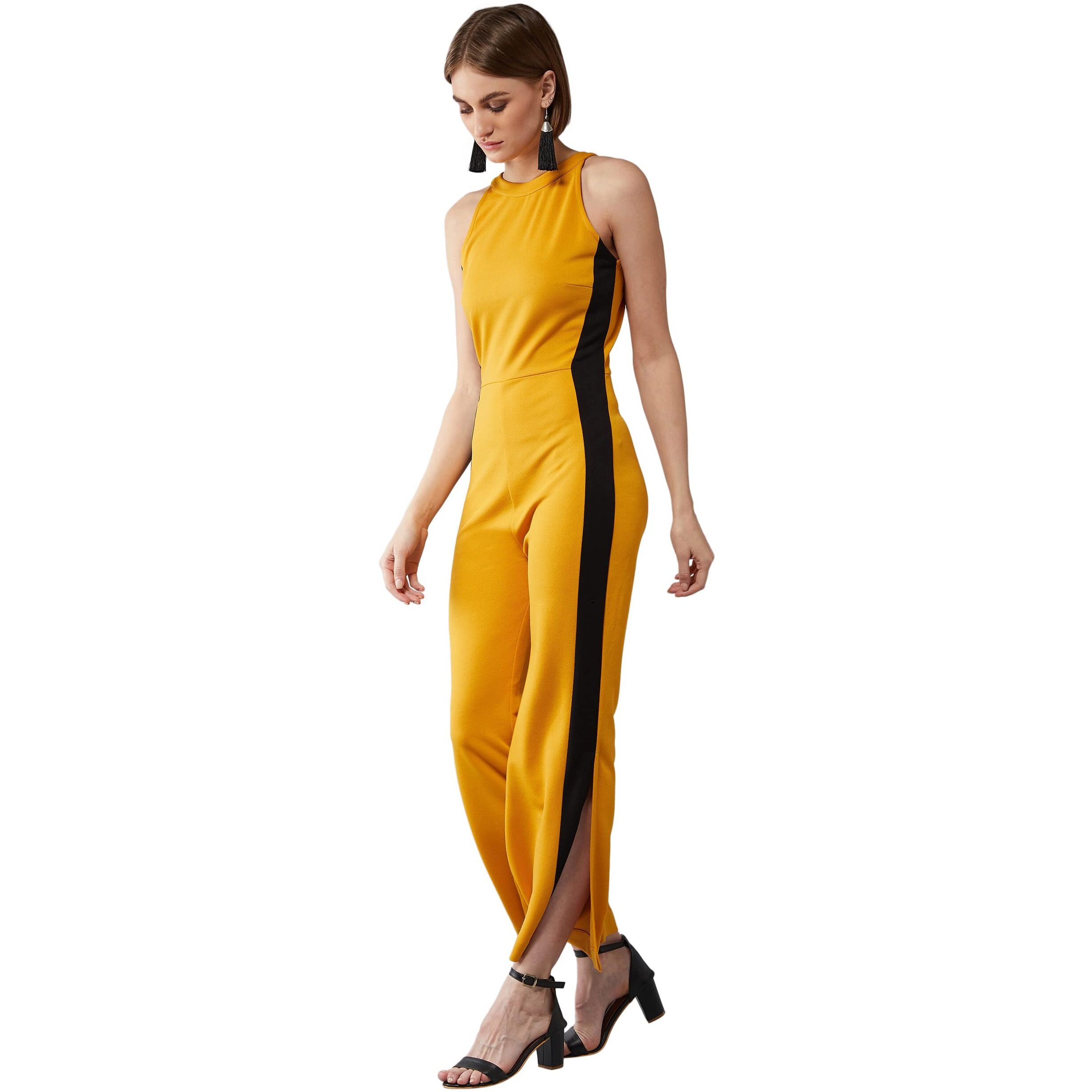 Dolce Crudo Women's Mustard Yellow & Black Halter Neck Sleeveless Solid Flared Jumpsuit(Doss20D04-54-209_Mustard & Black_L)