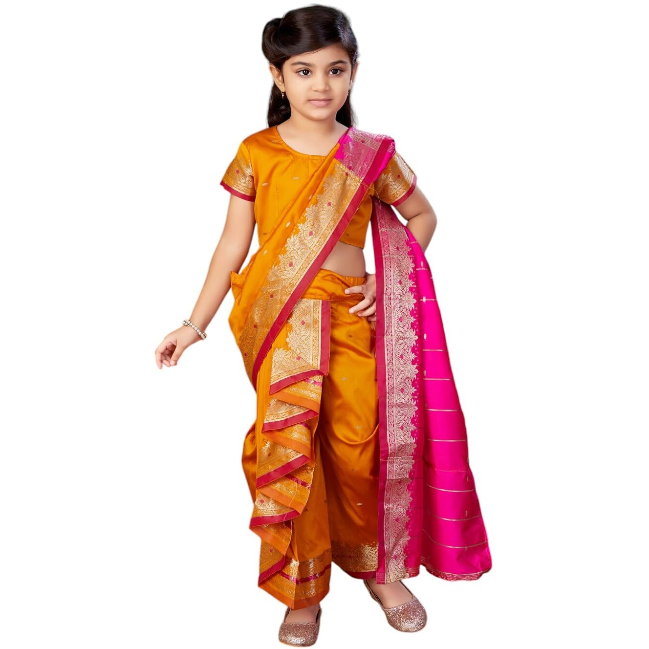 Aarika Girls Ethnic Wear Mustard Colour Mastani Silk Saree (3-9 Years)