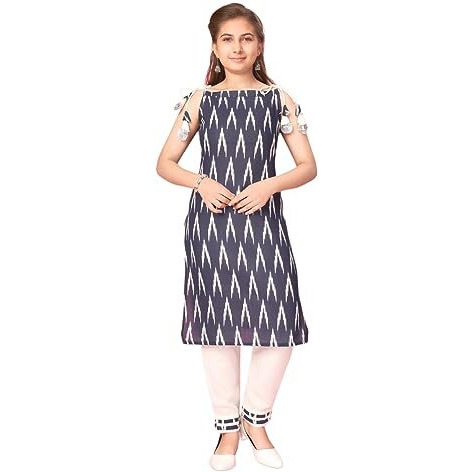 Aarika Girl's Cotton Kurti Pant Set (New_Kp-K-449_Navy Blue-White