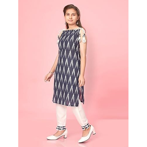 Aarika Girl's Cotton Kurti Pant Set (New_Kp-K-449_Navy Blue-White