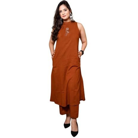 Elliti Cotton Slub Sleeveless Kurta With Pant Set For Women, Orange Colour Kurta With Detailing & Embroidered Pocket Accents  Elegant Ethnic Co-Ord Set For Everyday/Festive/Office & Casual Wear (L)
