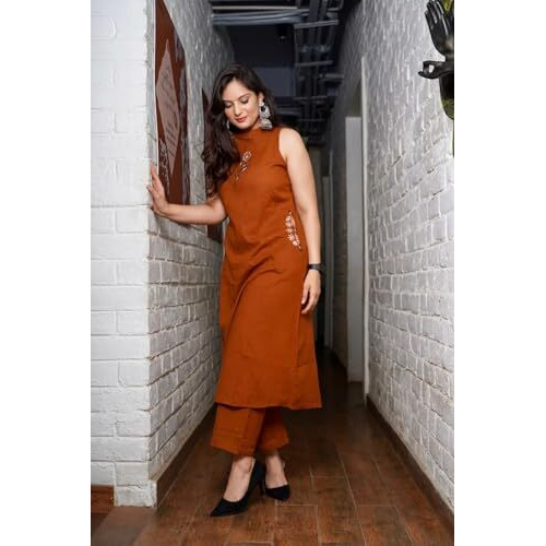 Elliti Cotton Slub Sleeveless Kurta With Pant Set For Women, Orange Colour Kurta With Detailing & Embroidered Pocket Accents  Elegant Ethnic Co-Ord Set For Everyday/Festive/Office & Casual Wear (L)
