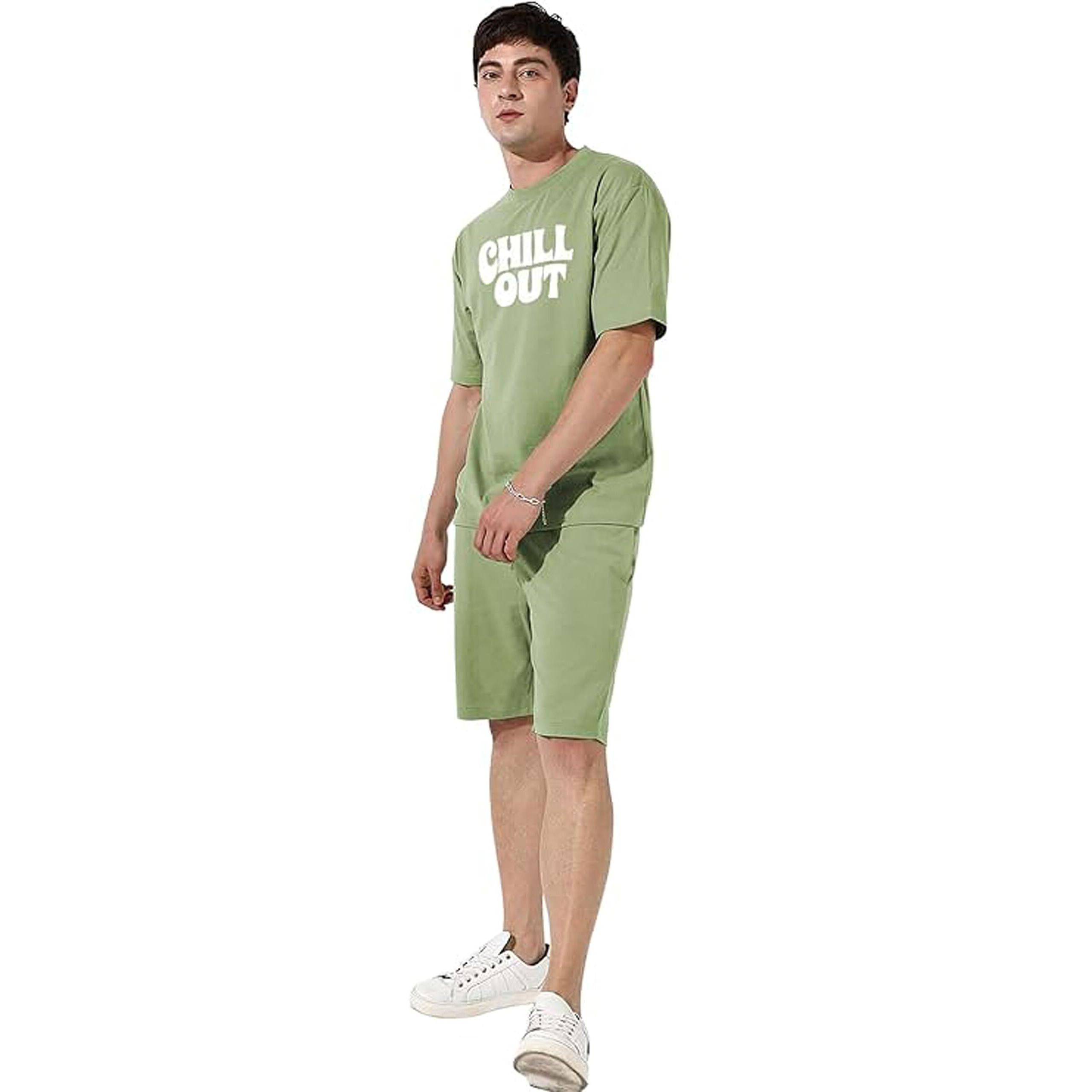 Elliti Cotton Blend Casual Round Neck Printed T-Shirt And Shorts Set, Men's Pyjama Co-Ord Set, Sleepwear & Loungewear, Summer Night Wear, Night Suit, Night Dress,Beach Weaver Suit For Men.(Pista,L)