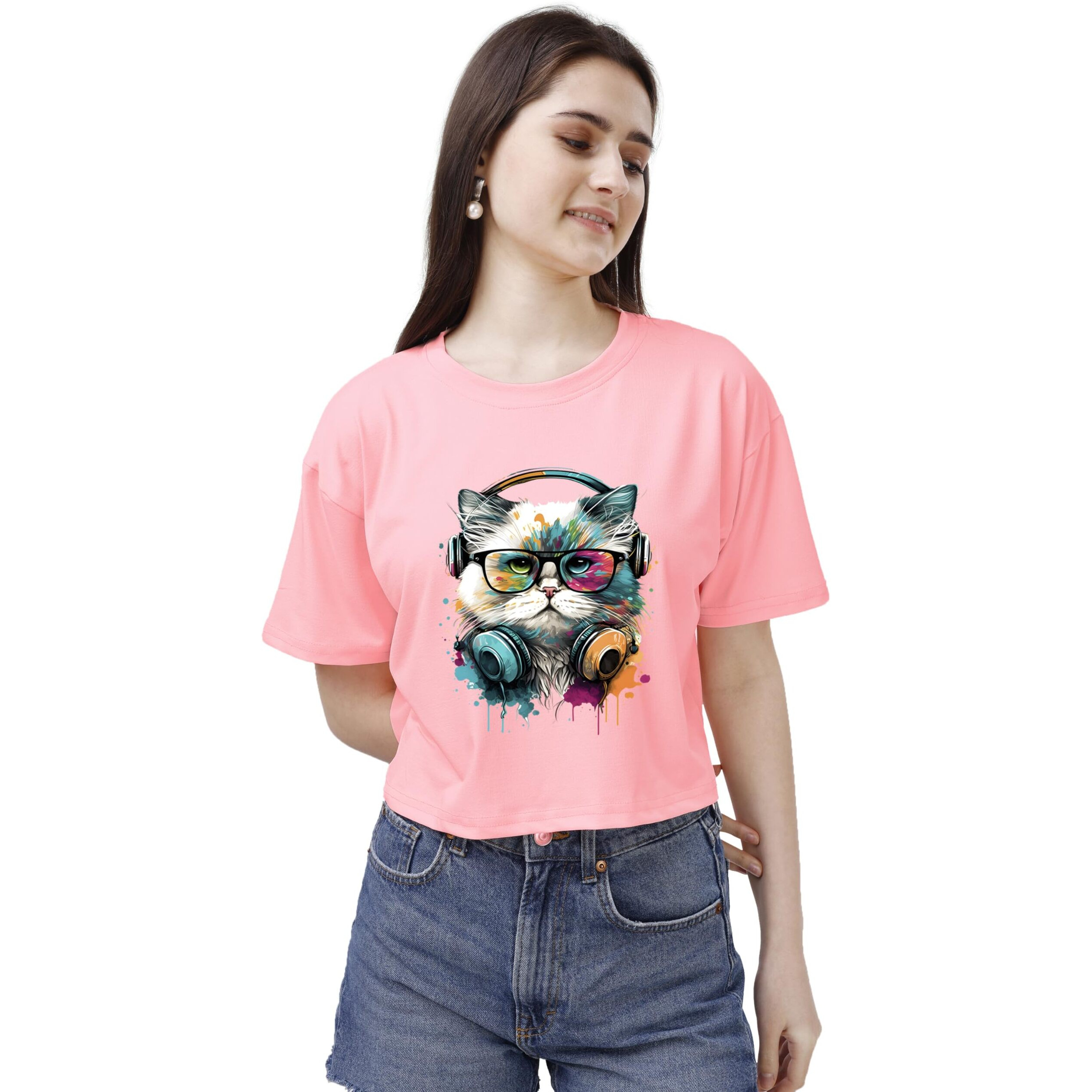 Elliti Soft Rich Cotton Casual Cat Face Printed Peach Half Sleeve | Round Neck | Oversized/Loose Fit | Down Solder | Rainbow Color Printed Crop Top For Women (Size Xl)