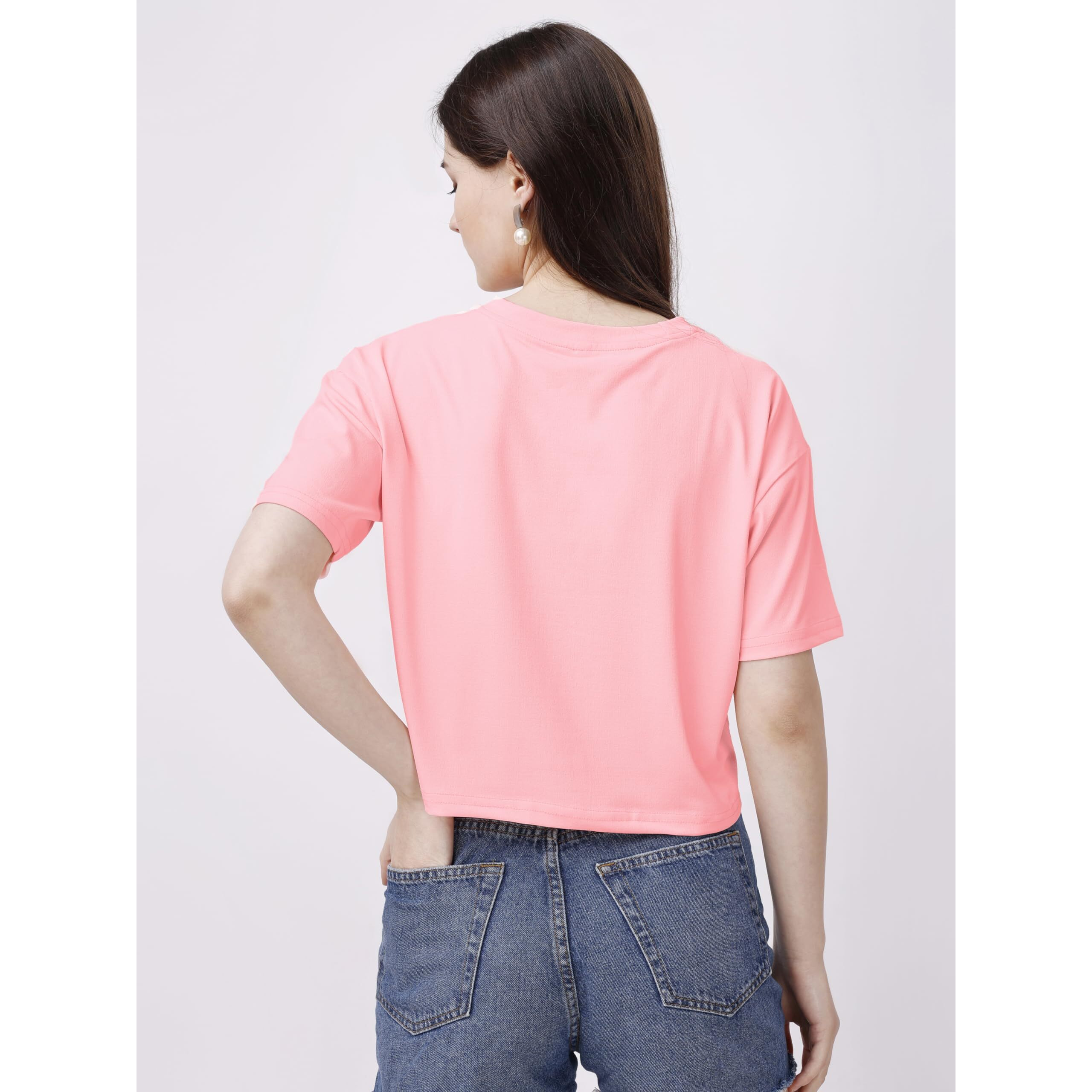 Elliti Soft Rich Cotton Casual Cat Face Printed Peach Half Sleeve | Round Neck | Oversized/Loose Fit | Down Solder | Rainbow Color Printed Crop Top For Women (Size Xl)