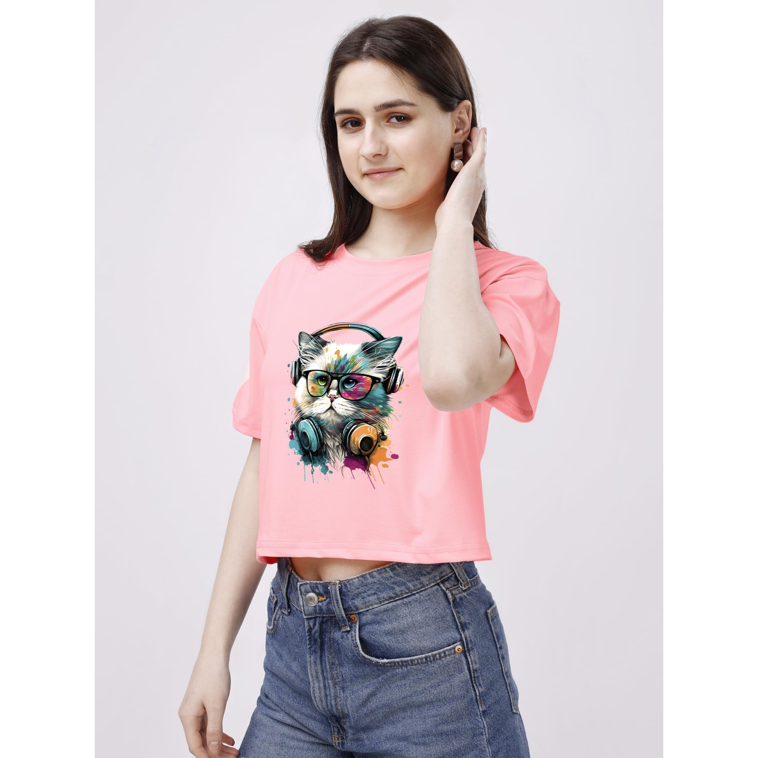 Elliti Soft Rich Cotton Casual Cat Face Printed Peach Half Sleeve | Round Neck | Oversized/Loose Fit | Down Solder | Rainbow Color Printed Crop Top For Women (Size Xl)