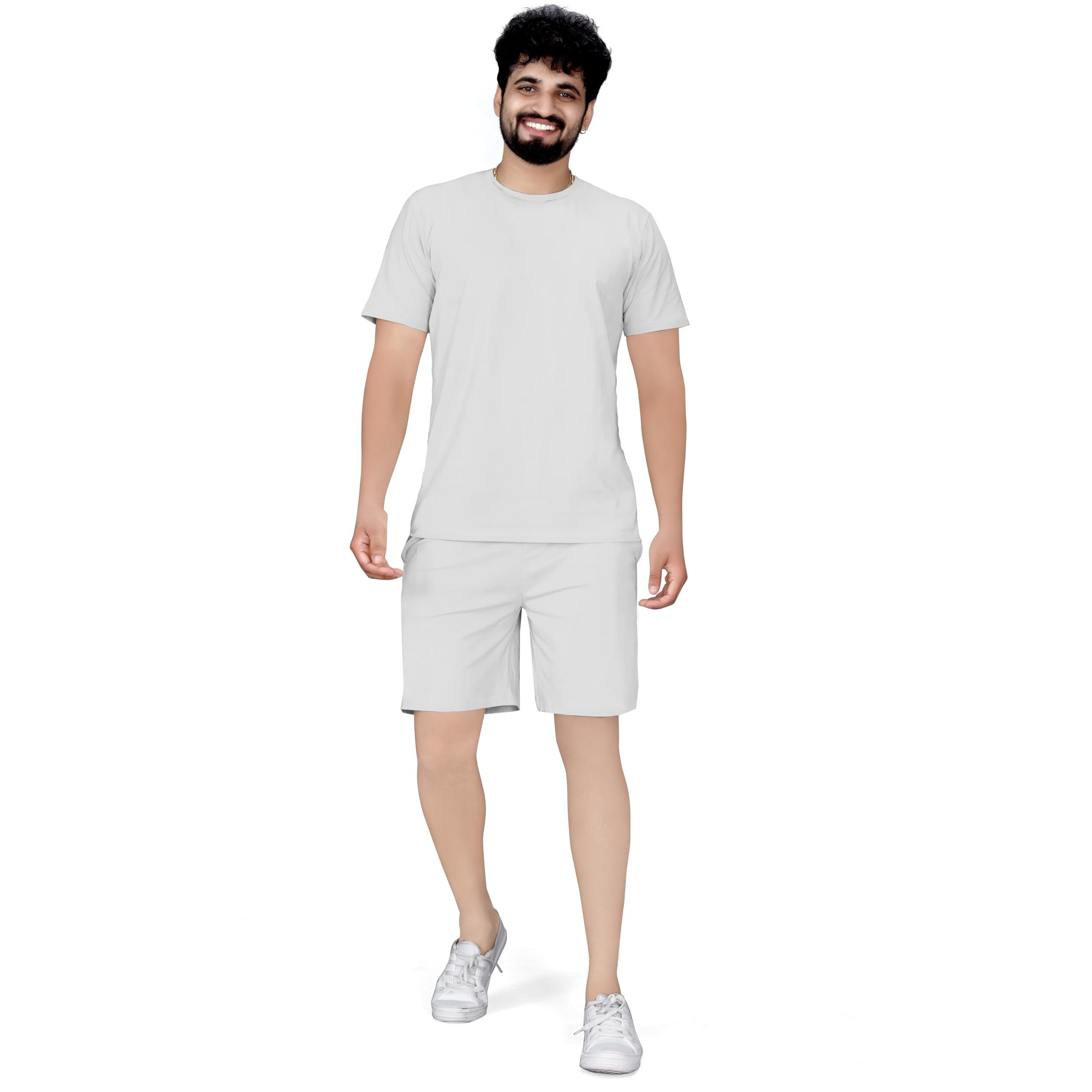 Elliti Cotton Blend Casual Round Neck Half Sleeve Oversized Co-Ord Set Men's, Pyjama Set, Sleepwear Loungewear T-Shirt And Shorts Combo For Men, Night Wear For Men, Night Suit For Men's(Light Grey, L)