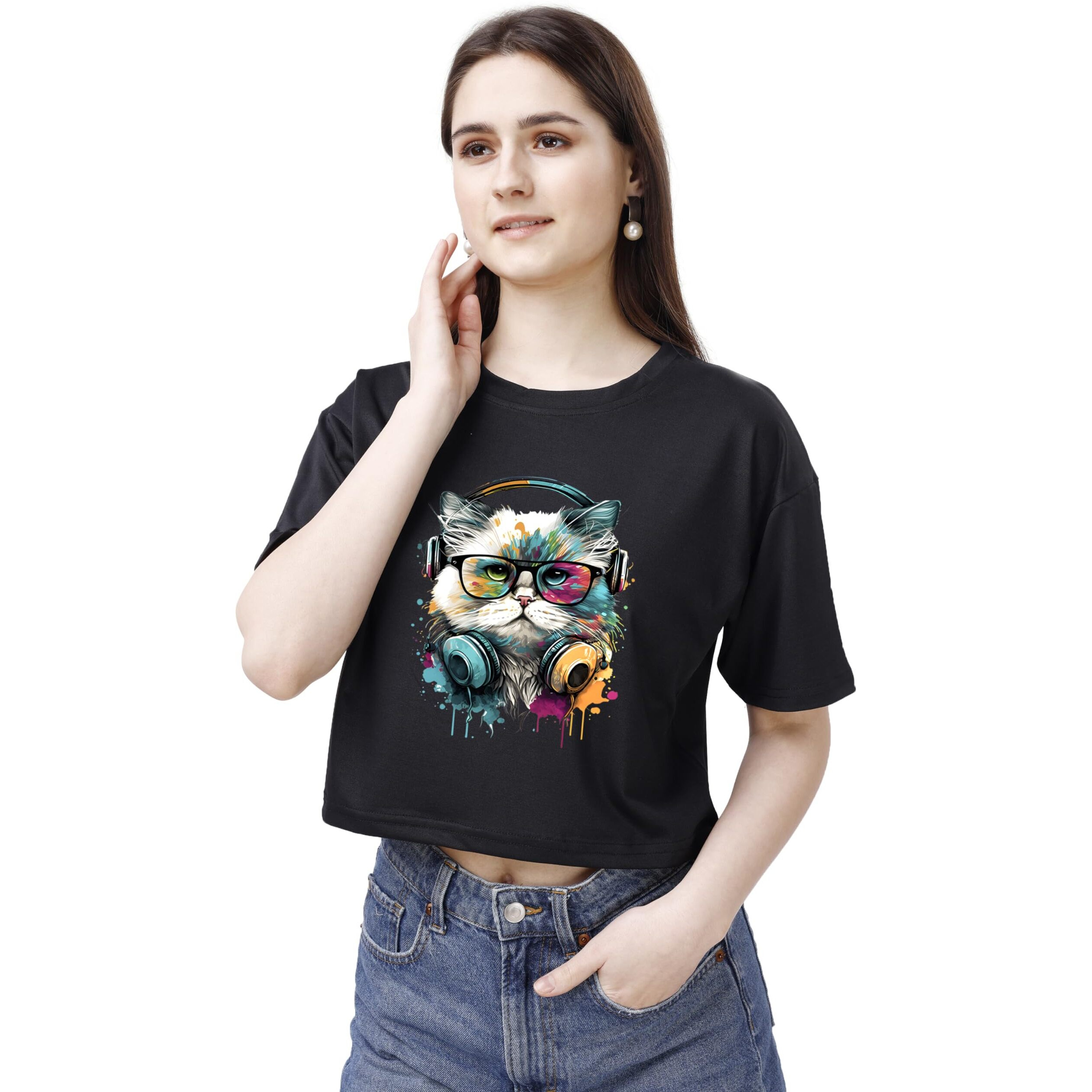 Elliti Soft Rich Cotton Casual Cat Face Printed Black Half Sleeve | Round Neck | Oversized/Loose Fit | Down Solder | Rainbow Color Printed Crop Top For Women (Size Xl)