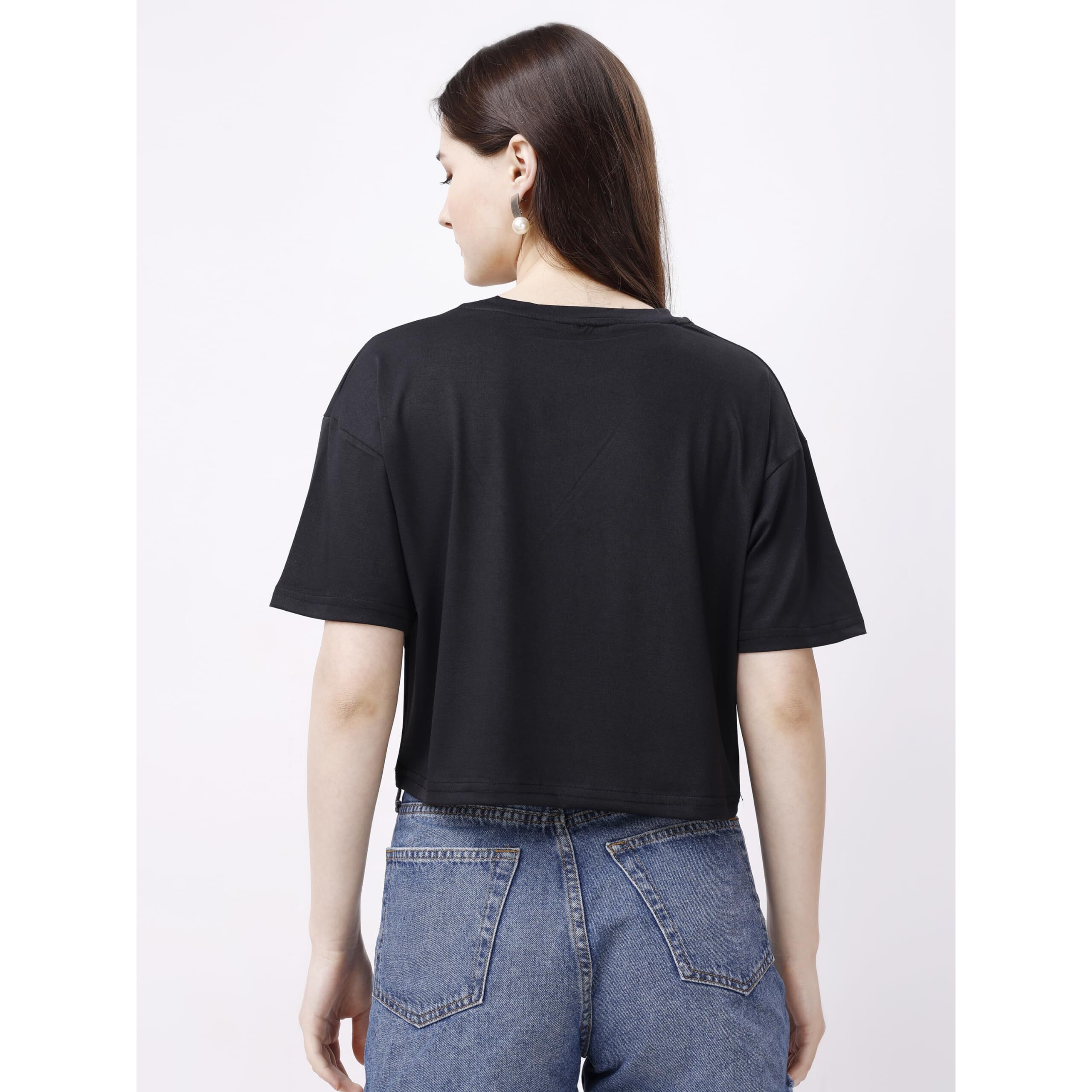 Elliti Soft Rich Cotton Casual Cat Face Printed Black Half Sleeve | Round Neck | Oversized/Loose Fit | Down Solder | Rainbow Color Printed Crop Top For Women (Size Xl)