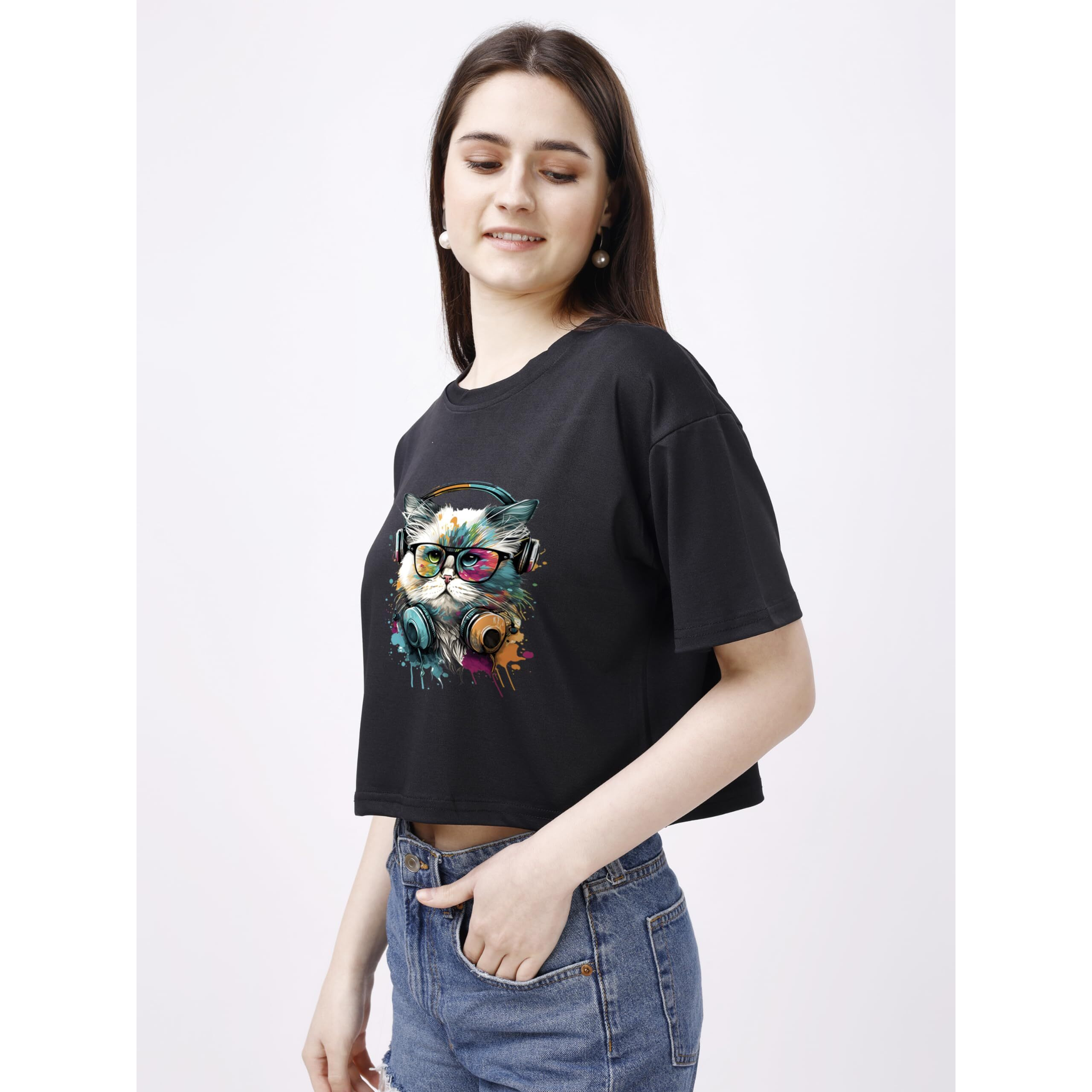 Elliti Soft Rich Cotton Casual Cat Face Printed Black Half Sleeve | Round Neck | Oversized/Loose Fit | Down Solder | Rainbow Color Printed Crop Top For Women (Size Xl)