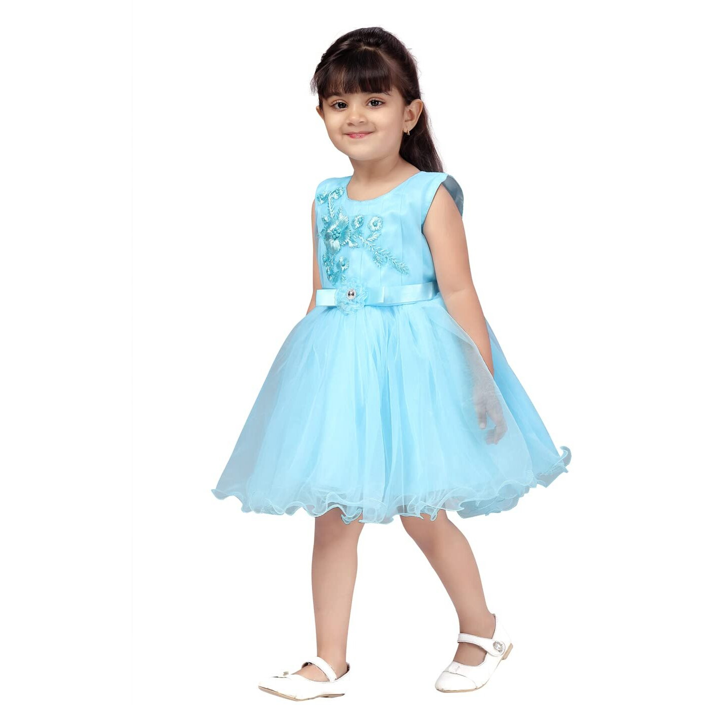 Aarika Baby Girl's Net A-Line Knee-Long Dress (Fk-24314-Firozi-16)