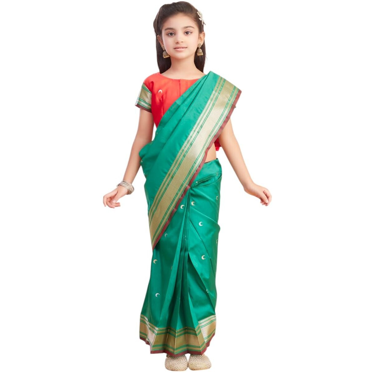 Aarika Girls Ethnic Wear Red Colour Zari Silk Saree-(2-8 Years)-(Sr-7161-Red-Green-22)