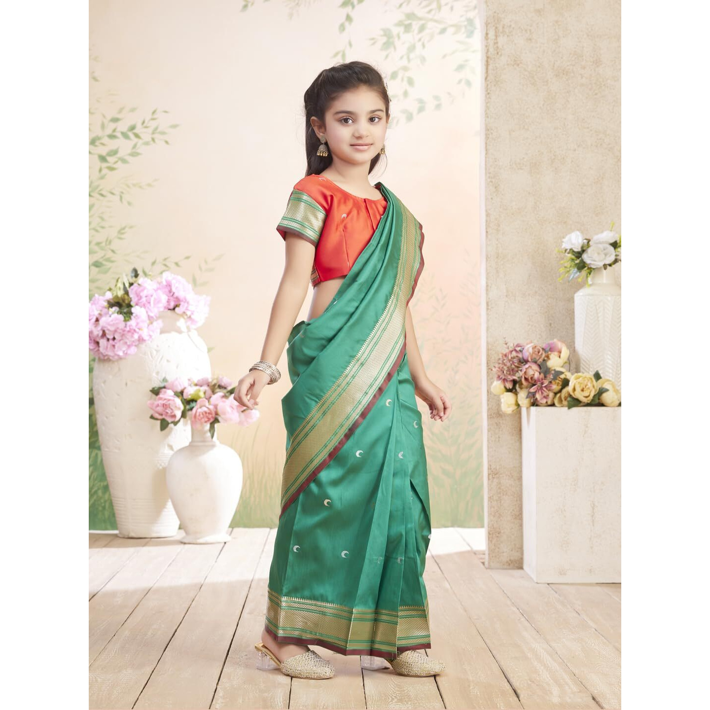 Aarika Girls Ethnic Wear Red Colour Zari Silk Saree-(2-8 Years)-(Sr-7161-Red-Green-22)