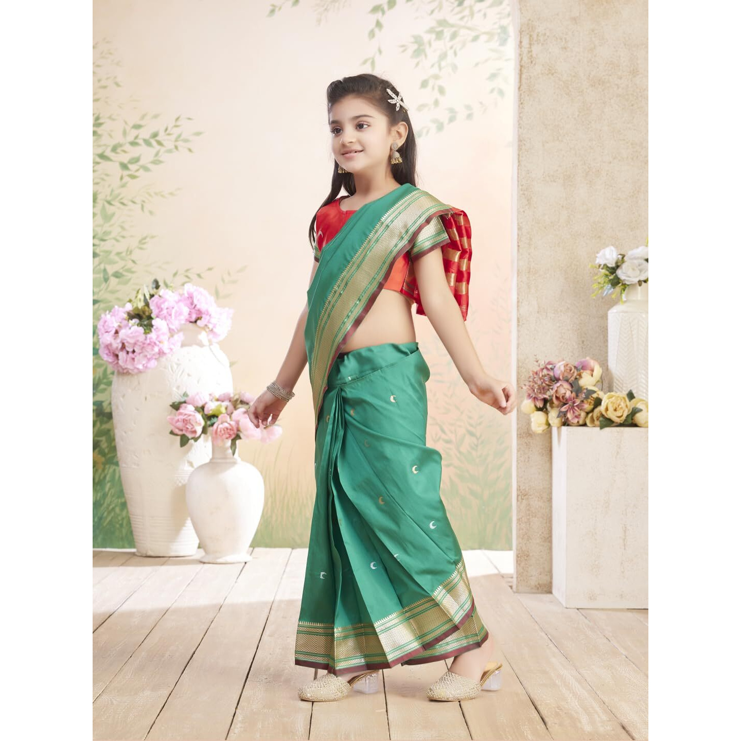 Aarika Girls Ethnic Wear Red Colour Zari Silk Saree-(2-8 Years)-(Sr-7161-Red-Green-22)